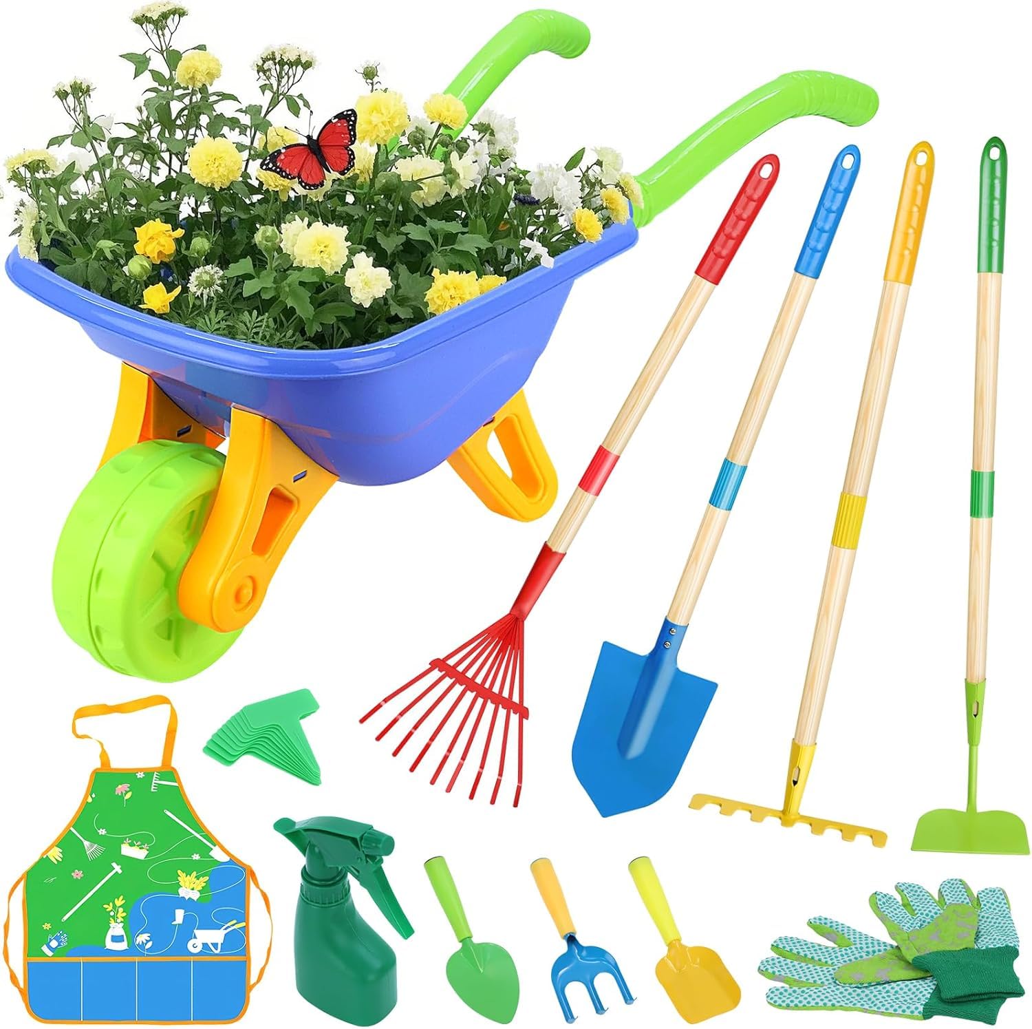 LATERN Kids Gardening Tool Set, 70CM Wheelbarrow with 70CM Metal Shovel Rake Hoe Leaf Rake 20CM Shovel Rake Apron, Educational STEM Learning Pretend Toy for Outdoor Garden Yard Lawn Digging Playing