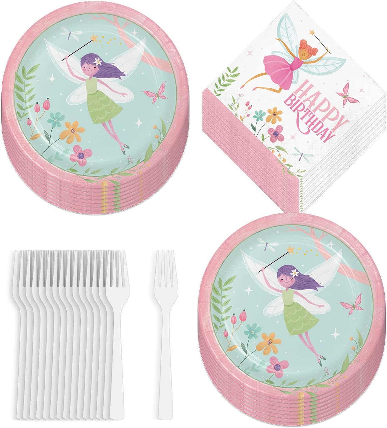 HOME & HOOPLA Fairy Party Supplies - Fairy Forest Paper Dinner Plates, Napkins, and Forks (Serves 16)