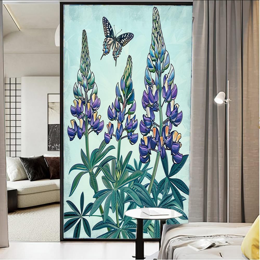 Colorful Flowers Butterflies Stained Glass Window Film Garden Plants Landscape Privacy Window Film Glass Door Covering Self-Adhesive Window Stickers for Bathroom Kitchen 31.5Wx55.1L inch