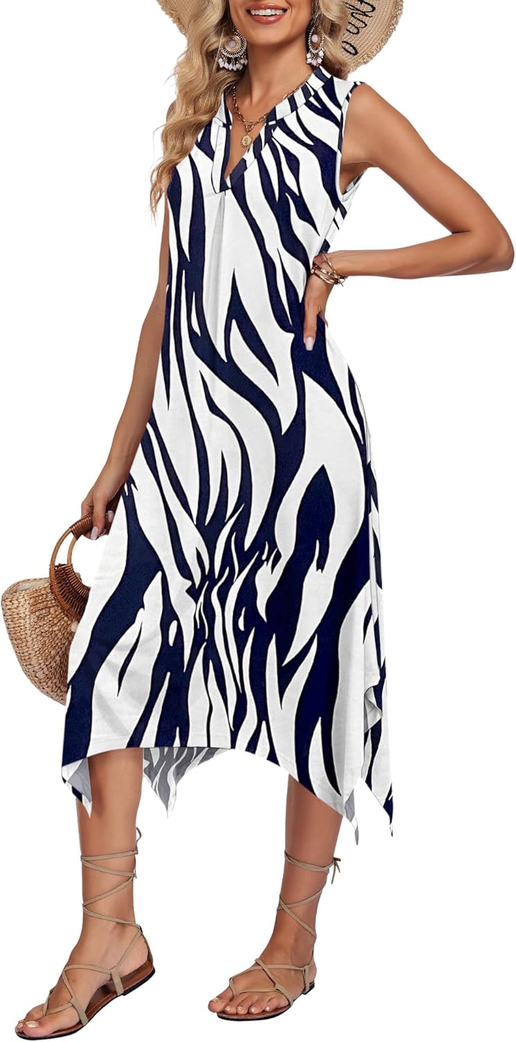AUSELILY Summer Dresses for Women 2026 Casual Sleeveless Sundress Asymmetrical Hem Tank Midi Dress with Pockets - Image 5