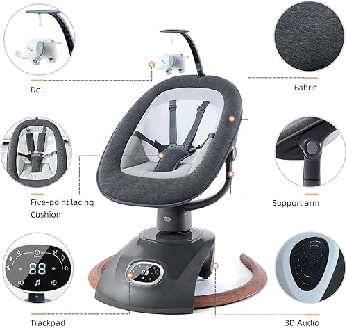 Miniatura 8 de Columpio eléctrico para bebés con control remoto, balancín con 6 movimientos, 5 velocidades, 13 música incluye ruido blanco, arnés de 5 puntos, 3