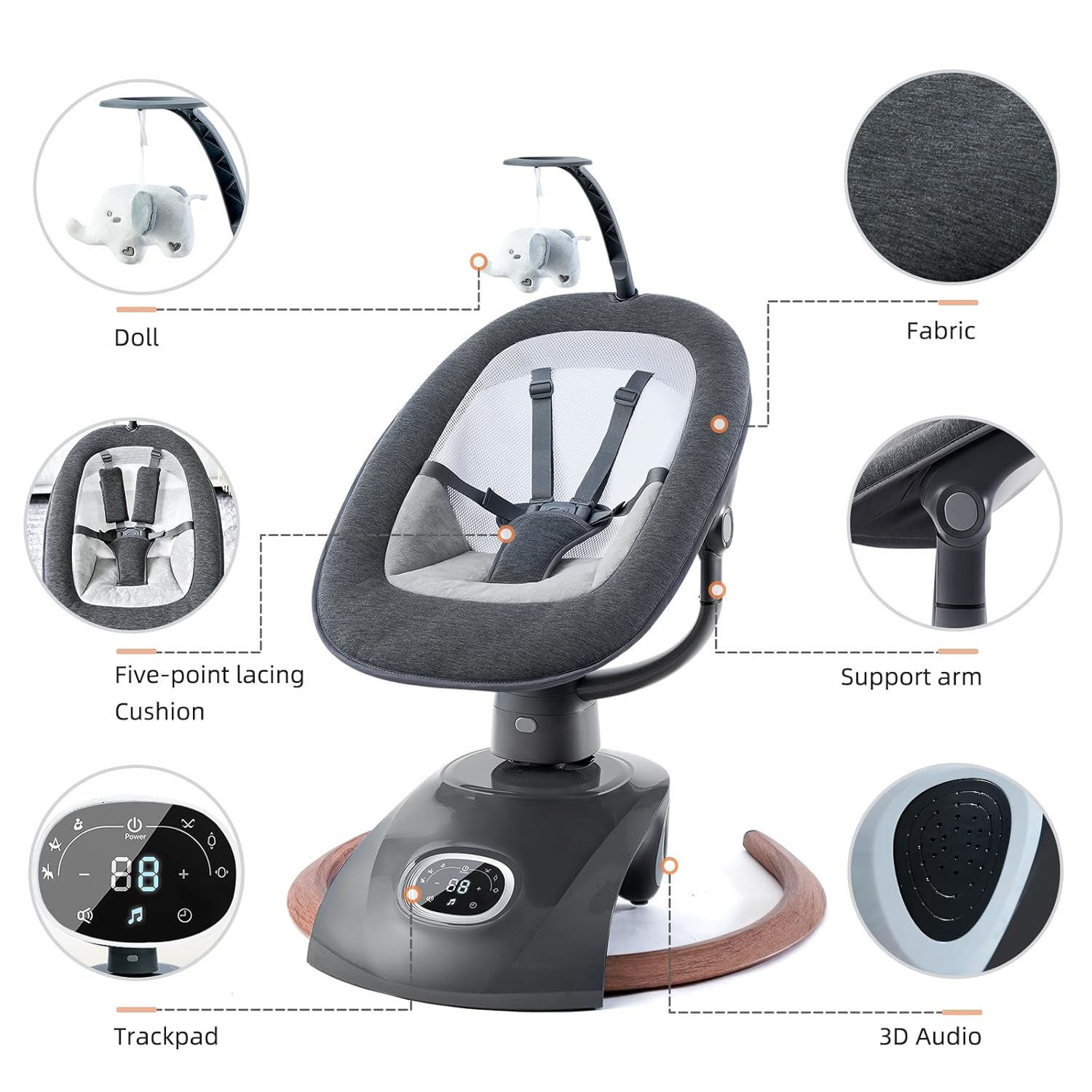 Electric Baby Swing for Infants Mamroo with Remote Control, Rocker with 6 motions, 5 Speeds, 13 Music Include White Noise, 5 Point Harness, 3 Seat Positions for Newborn Boy Girl Max 20 Lbs