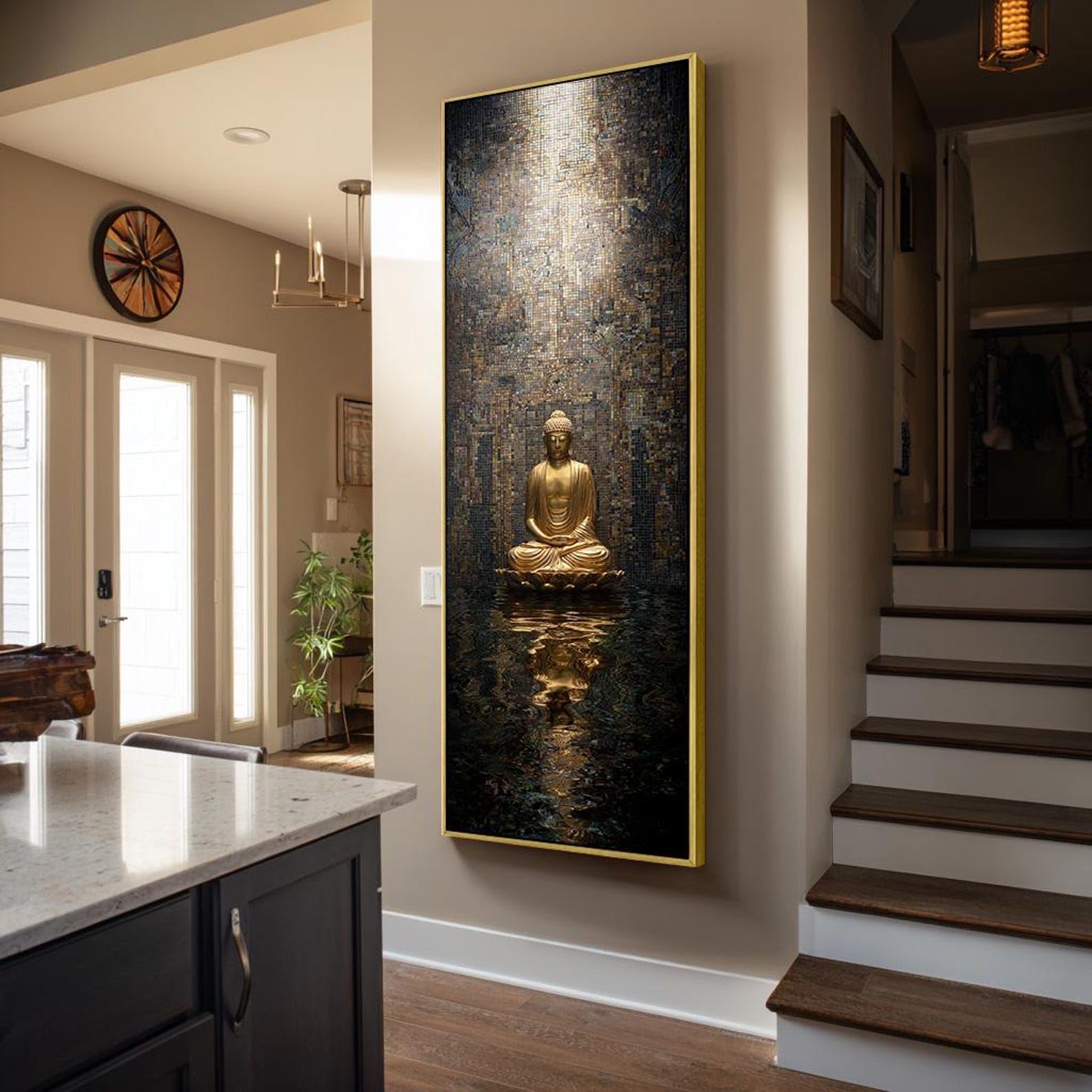 Lienzo con estampados verticales de Buda - Arte de pared - Obra de arte alta y estrecha - Decoración de pared - Decoración espiritual para yoga - Pintura decorativa Japandi (45x135cm/Sin marco)