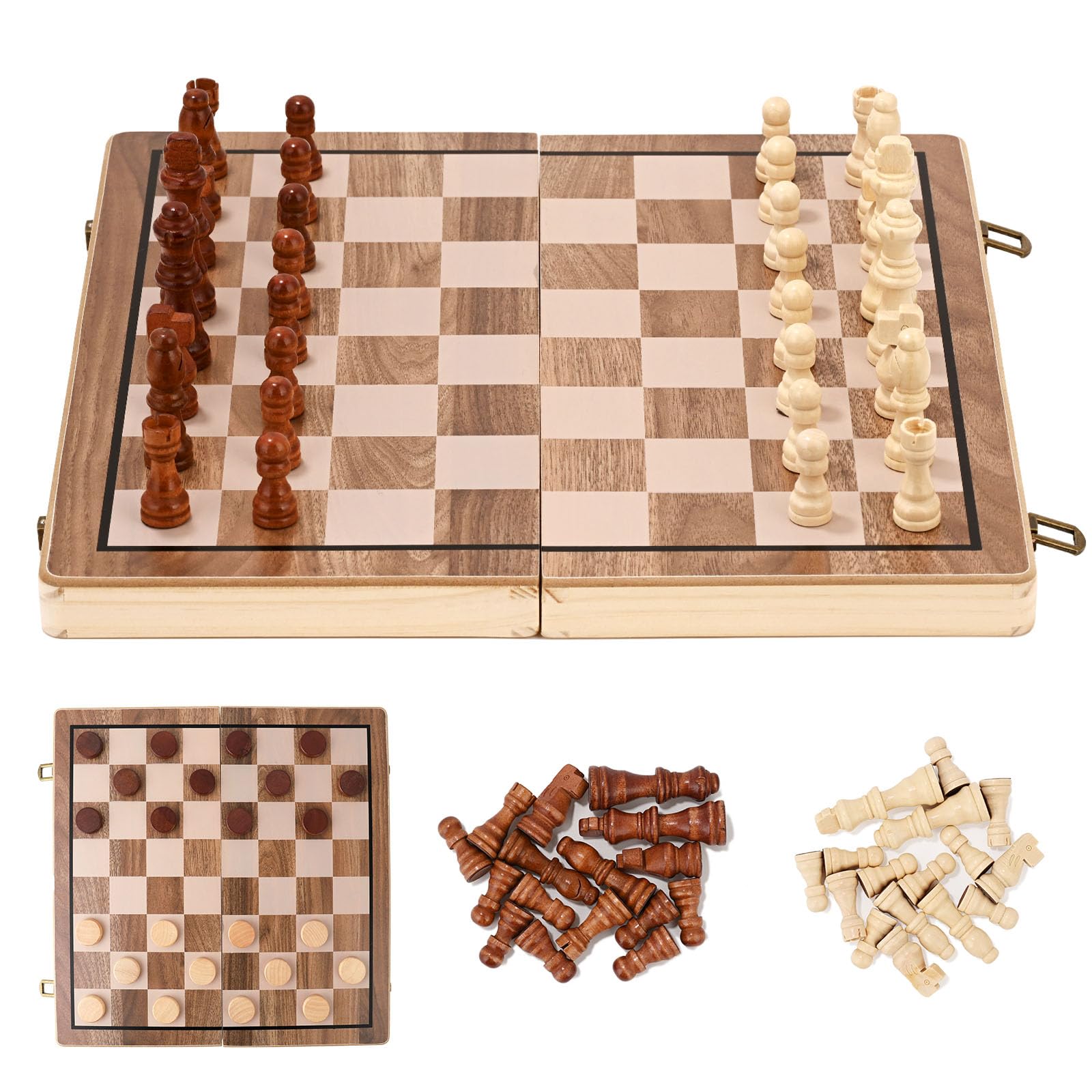 DearCal Chess Sets - Magnetic Travel Folding Wooden Chess Board Set, Portable Game International Chess & Checkers Game Set 2-in-1 for Kids Adult (39 * 39cm) (Wood color)