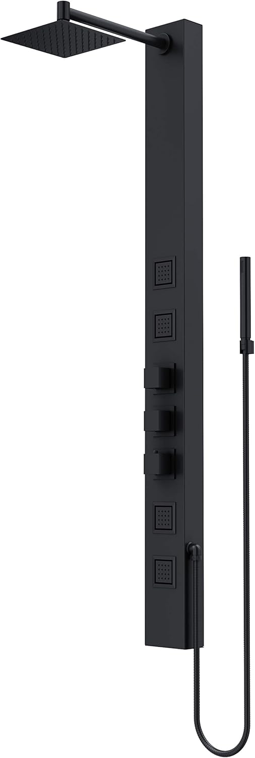 VIGO Sutton 58" H x 5" W 4-Jet Shower Panel System with Adjustable Square Head and Hand Shower Wand in Matte Black-VG08021MB