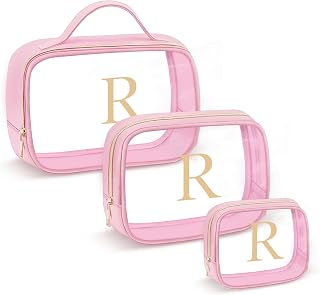 YOOLIFE Gift for Women Toiletry Travel Bag Clear Makeup Cosmetic Bag Pink R | Initial Clear Toiletry Bag Travel Makeup Bag, Gifts for Girls Women Girlfriend, Travel Essentials Waterproof Makeup Pouch