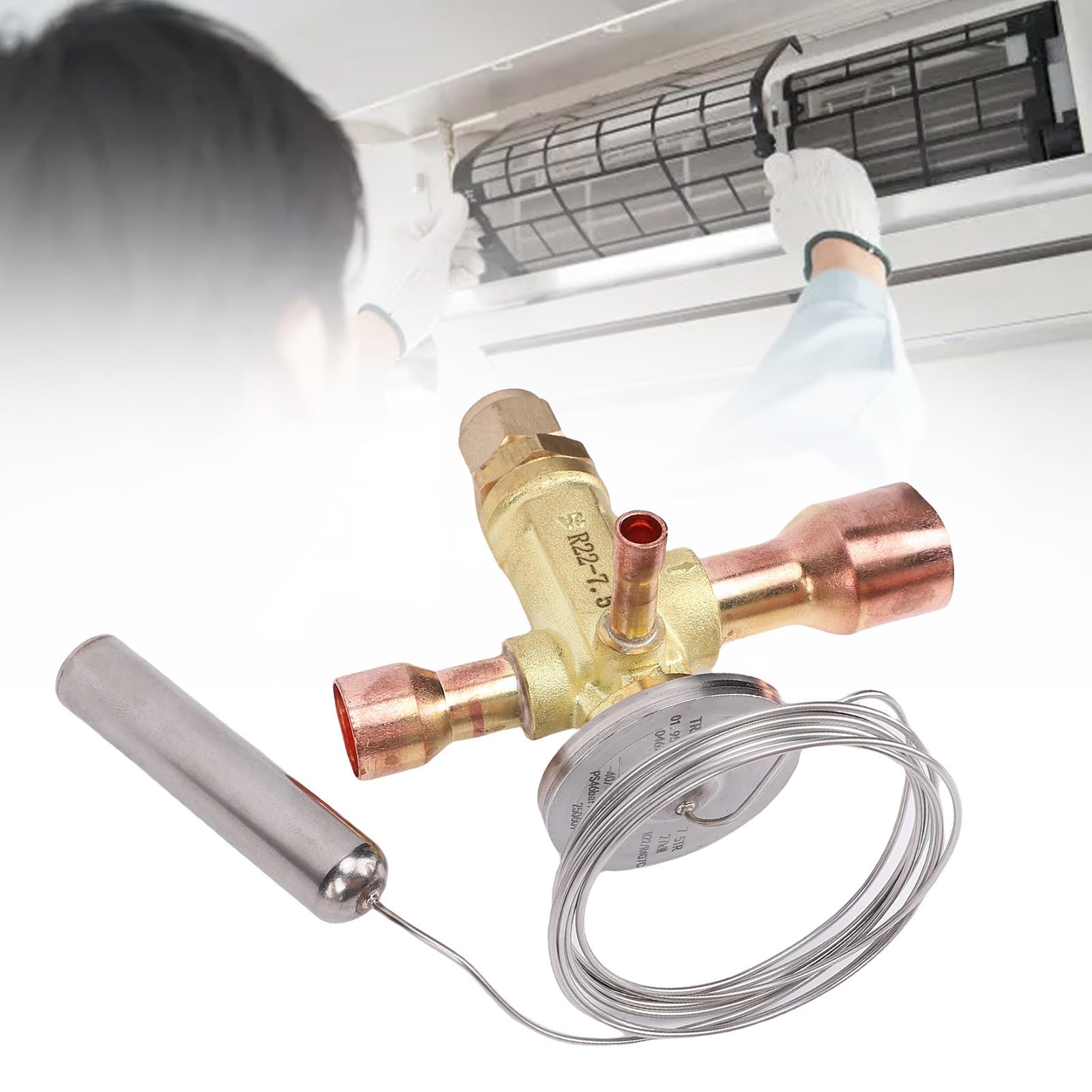 Sicherheitsregelventil mit Thermoelement, 27kW 7.5TR TEV Expansionsventil Klimaanlage, 5/8 Zoll Einlass 7/8 Zoll Auslass, 1,5m Kapillarrohr, Kompatibel mit R22 R407C R404