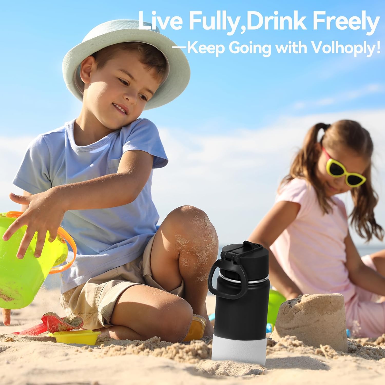 Volhoply 14oz KIds Water Bottle with Straw Lid and Silicone Boot Bulk 6 Pack,Stainless Steel Insulated Cups for Boys & Girls Multipack,Double Wall Vacuum Leakproof Bottles(Black,6)