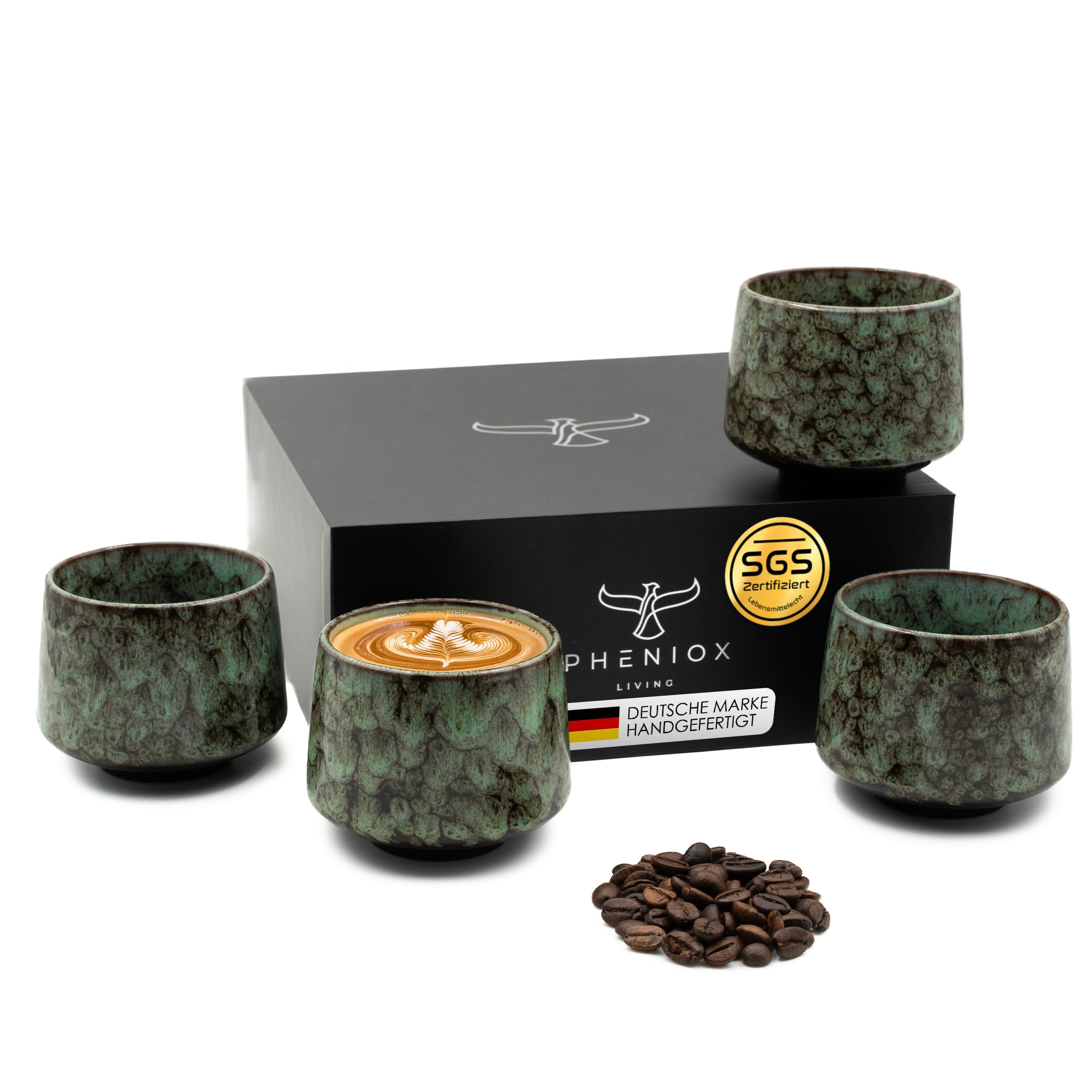 Pheniox Cappuccino-Tassen-Set Tibet Grün, 4 x 180 ml, Steingut, ohne Henkel, spülmaschinen- und mikrowellenfest, Geschenkbox