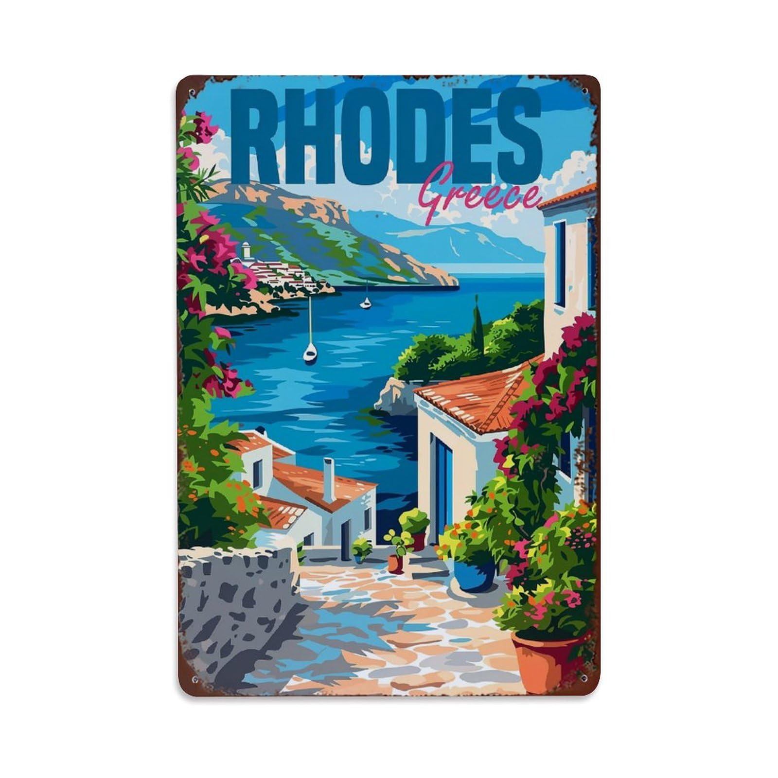 Nestemfo Vintage Rhodes Greece Coastal Village Scene Tin Sign Metal Sign, Living Room,Bar, Home, Bedroom Wall Decor,Retro Metal Poster 8X12 Inches