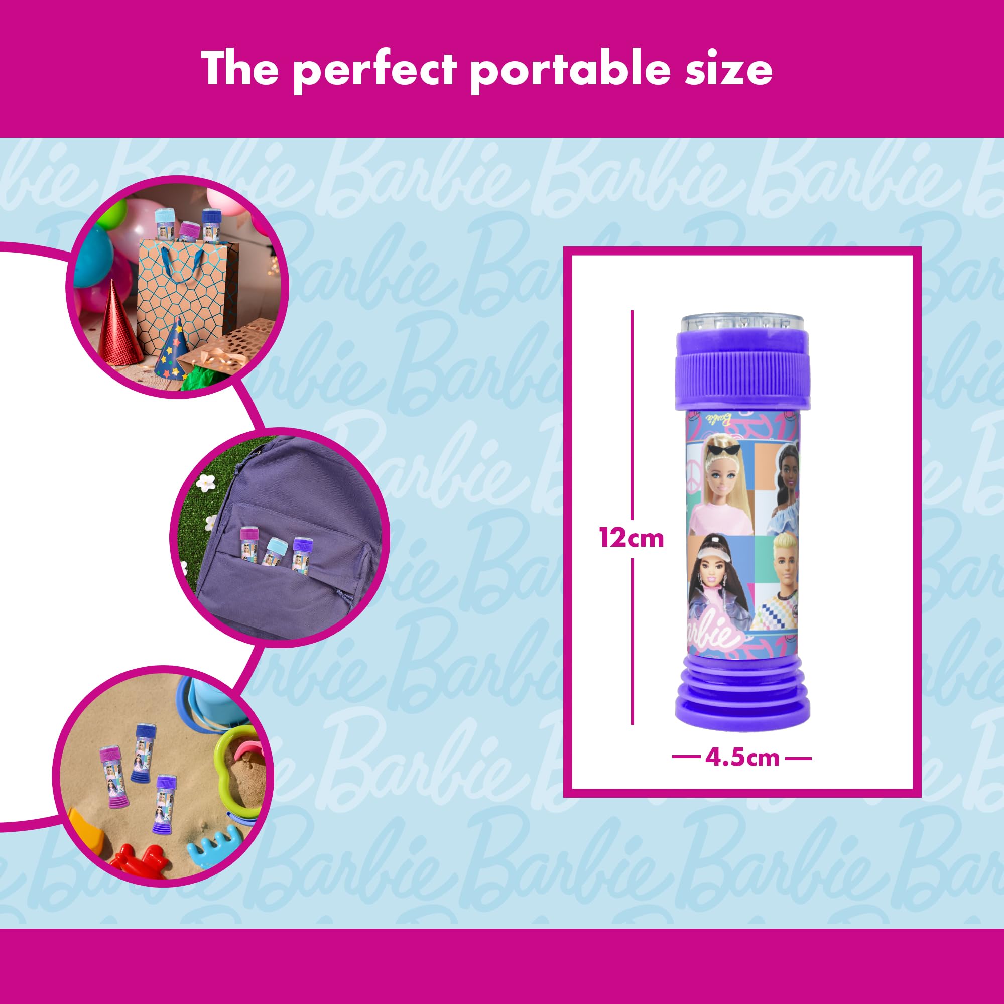 abeec Barbie Bubbles, 12 Pack Bubble Tubes With Wands, Barbie Party Bag Fillers, Interactive Maze Lid Game - Image 3