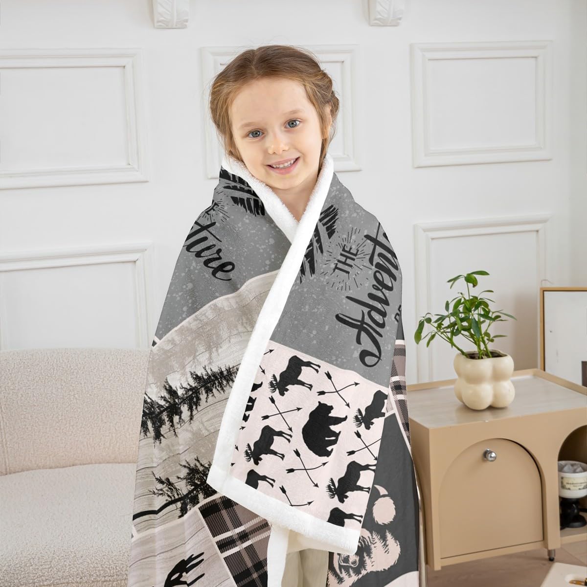 Buffalo Patchwork Fleece Blanket Throw Size, Hunting Bear Deer Sherpa Blanket For Kids Teens Adult, Rustic Farmhouse Grid Claw Throw Blanket Adventure Camping Plush Bed Blanket For Bedroom Sofa Couch