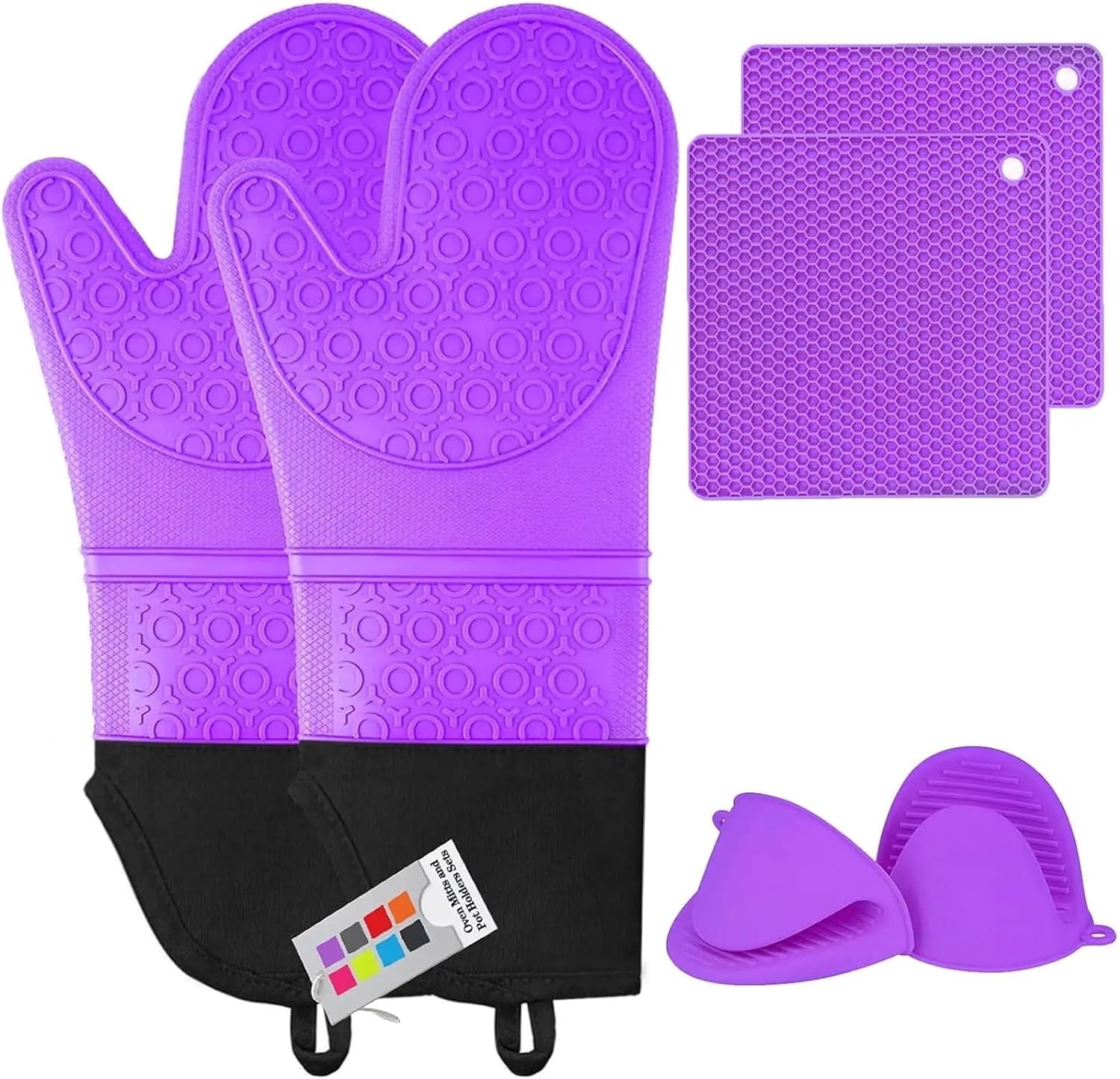 Extra Long Heat Oven Gloves Set with Pads, Soft Quilted Lining, Pack of 6 in Purple