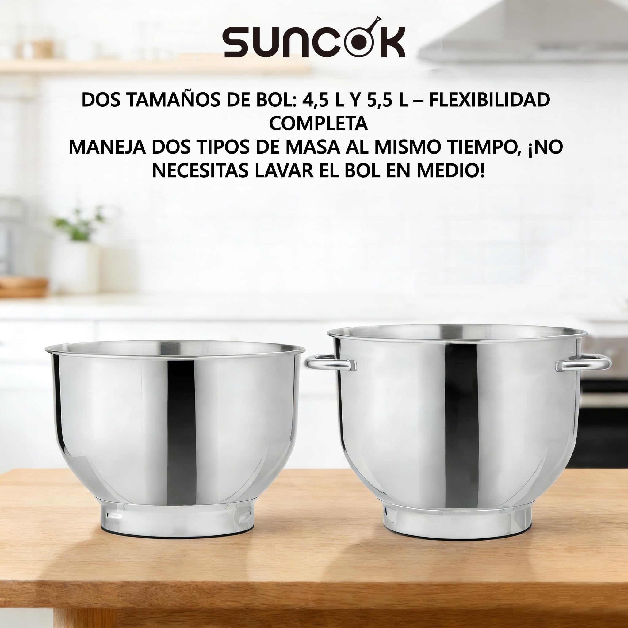 Batidora Amasadora 1500W, 2 Cubetas de Acero Inoxidable (4,5L/5,5L), 12 Velocidades, Fermentación/Calentamiento, Báscula, Temporizador, Bajo Ruido, 3 Accesorios de Mezcla (B03B, B03B-negro)