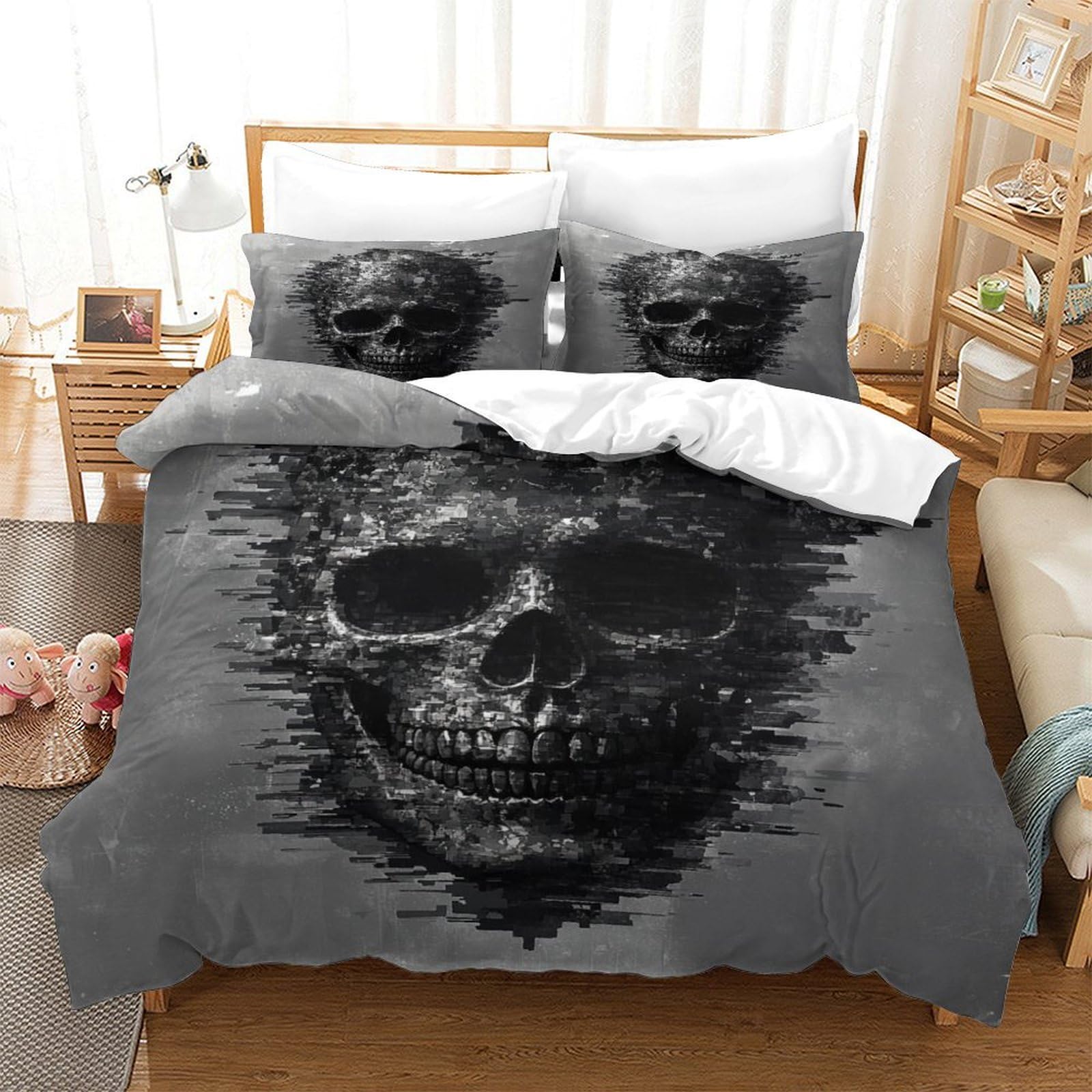 P1S9U7W5Y Edgy Skull 3D Printed Duvet Cover Set 3pcs Microfiber Skull Bedding Set Double（200x200cm）