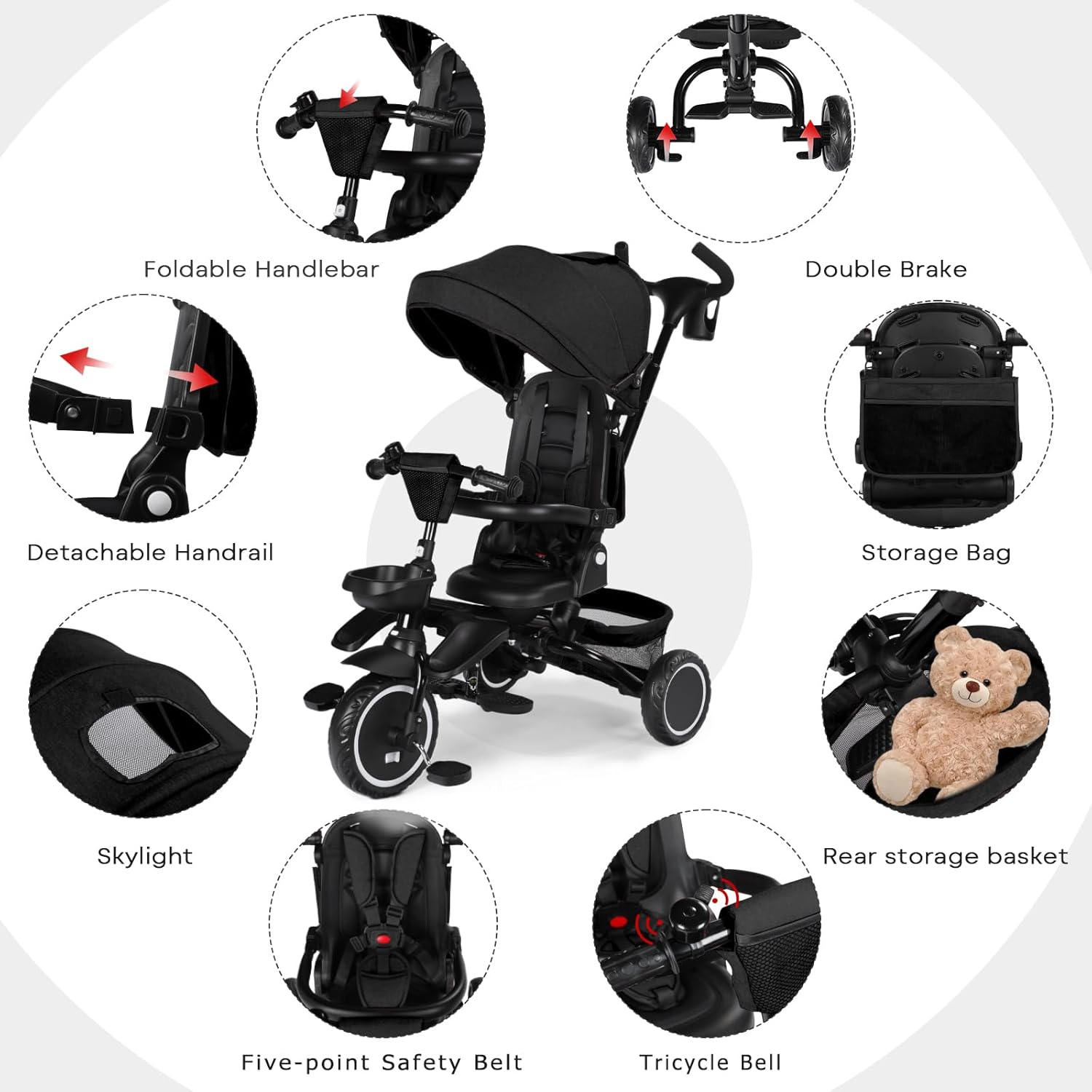 Kinder King Kids Tricycle, 8 in 1 Folding Toddler Trike w/Adjustable Push Handle, Rotatable Seat, Adjustable Canopy, Bell, Five-Point Harness, Storage, Bike Tricycle for Toddlers 1-3, Black