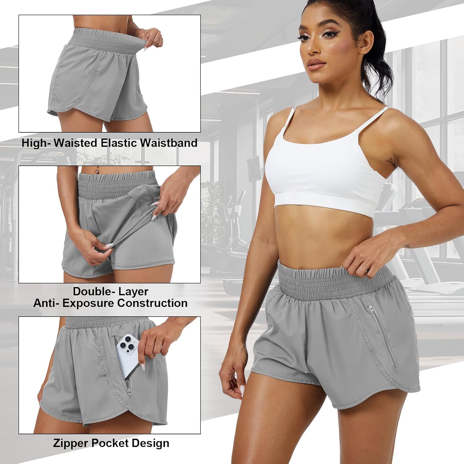 Coume 3 Pack Women's 2 in 1 Running Shorts with Zipper Pockets 2.5" High Waisted Quick Dry Athletic Workout Gym Summer Shorts - Image 4