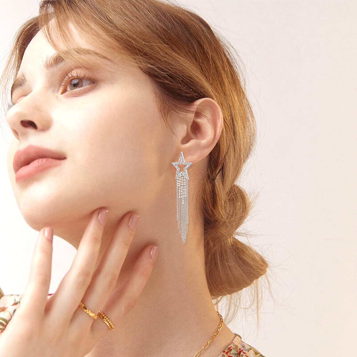 Bling Women Tassel Earrings Star Ear Stud Pave Crystal Dangle Earrings Boho Waterfall Beaded Fringe Drop Earring - Image 2