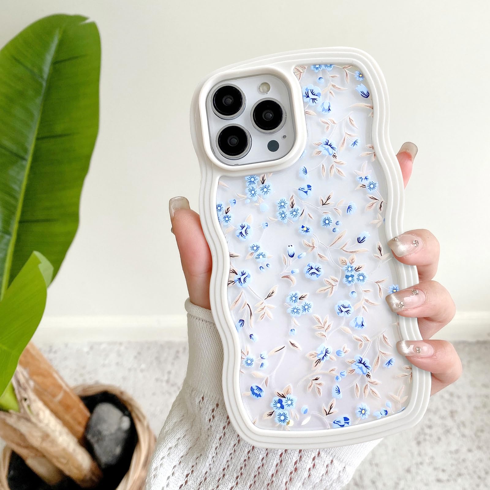 UEEBAI Wave Frame Clear Case for iPhone 13 Pro Max 6.7 inch, Wavy Flower Case Pretty Floral Cute Curly Clear Case Stylish Soft Phone Case Anti-Yellow