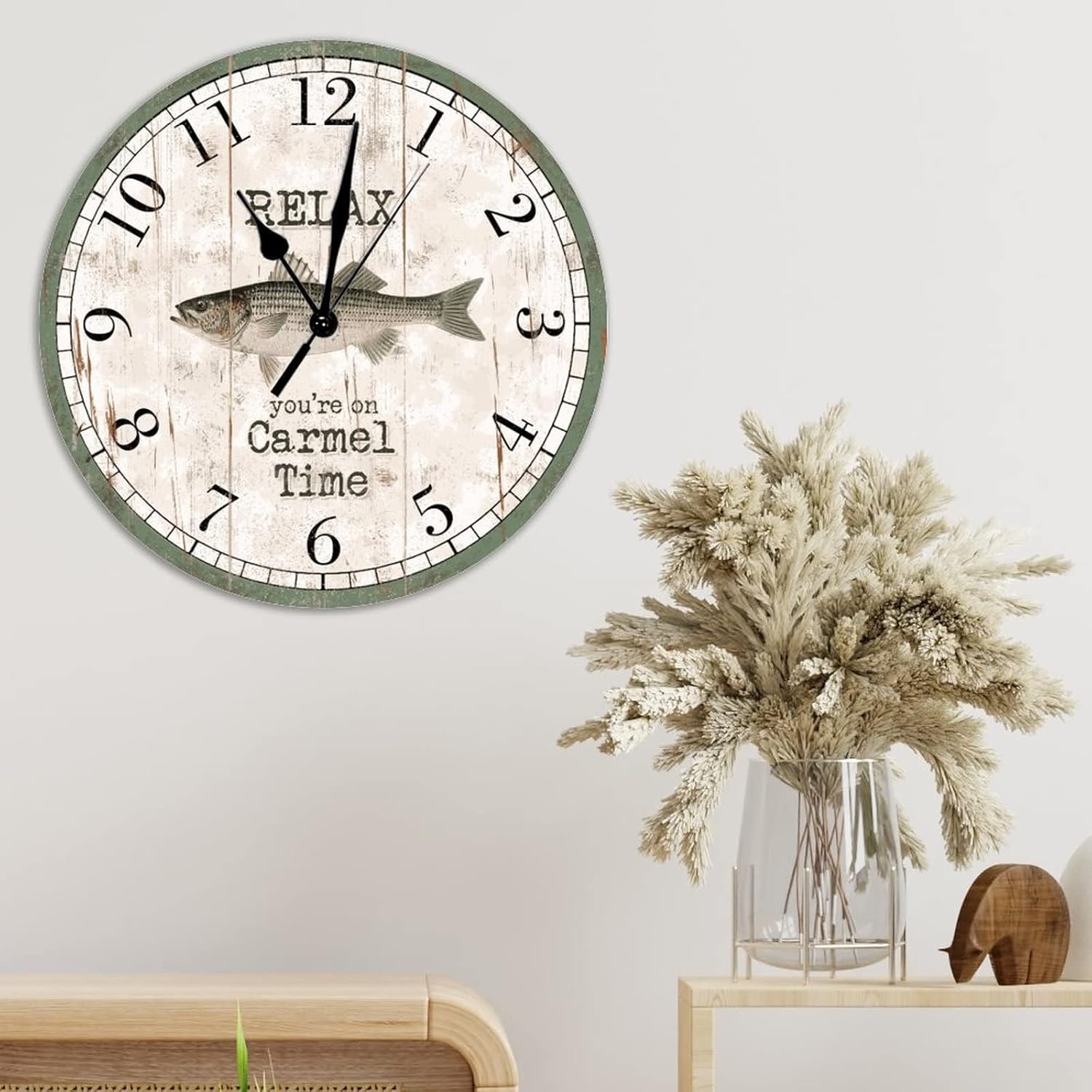 Relax You're On Time Personalized Wooden Decorative Wall Clock Striped Bass Wall Clocks Silent Non Ticking Battery Operated 12Inch Wall Clocks Vintage Country Style for Home Office School