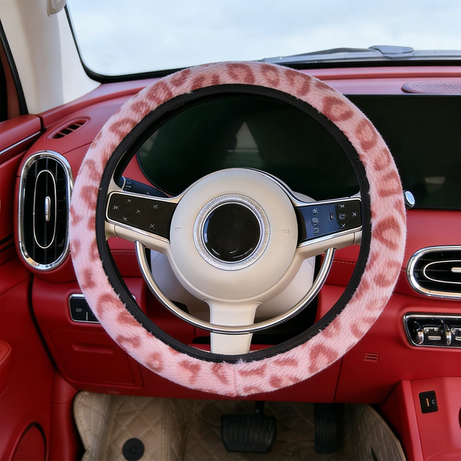 1PC Pink Steering Wheel Cover, Leopard Print Car Accessories for Enhanced Grip and Warmth, Universal Fit 38cm Diameter Steering Wheel Covers for Daily Commuting and Vehicle Protection