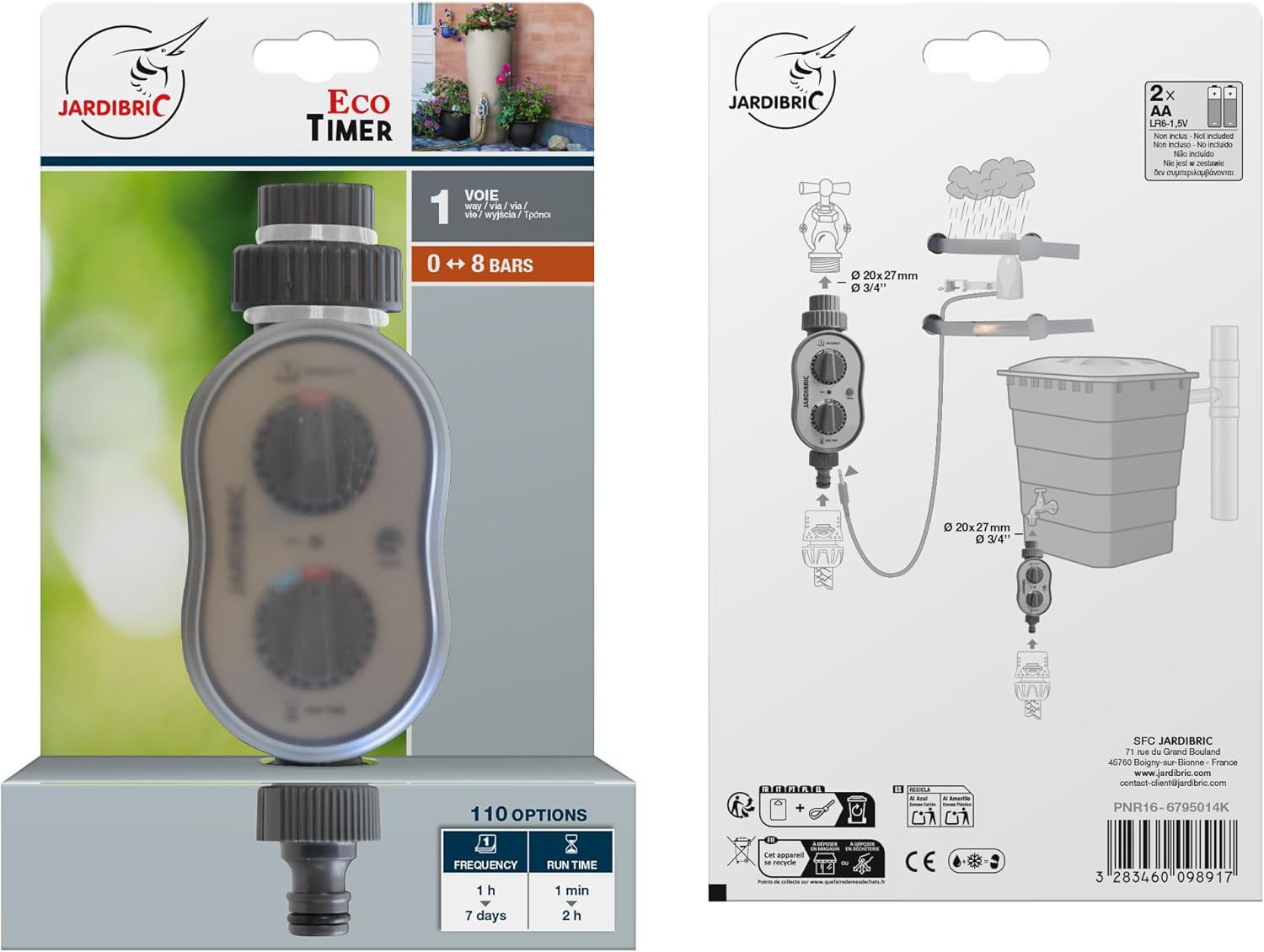 Front and back packaging of the Jardibric Eco Timer, showing product features and installation diagram.
