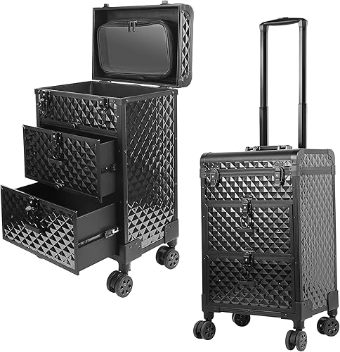 EBANKU Estuche de tren de maquillaje rodante con ruedas giratorias de 360, Negro -, Caja de maquillaje