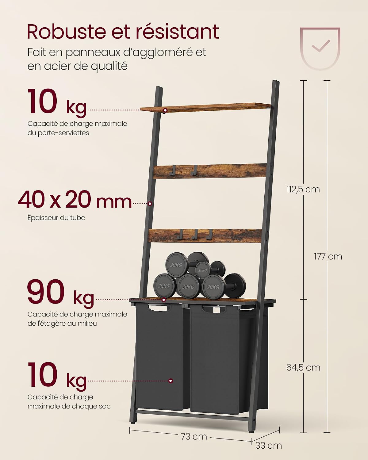 VASAGLE Panier à Linge Double: Gain de Place, Rangement Optimal avec Porte-Serviettes Intégré - Image détaillée