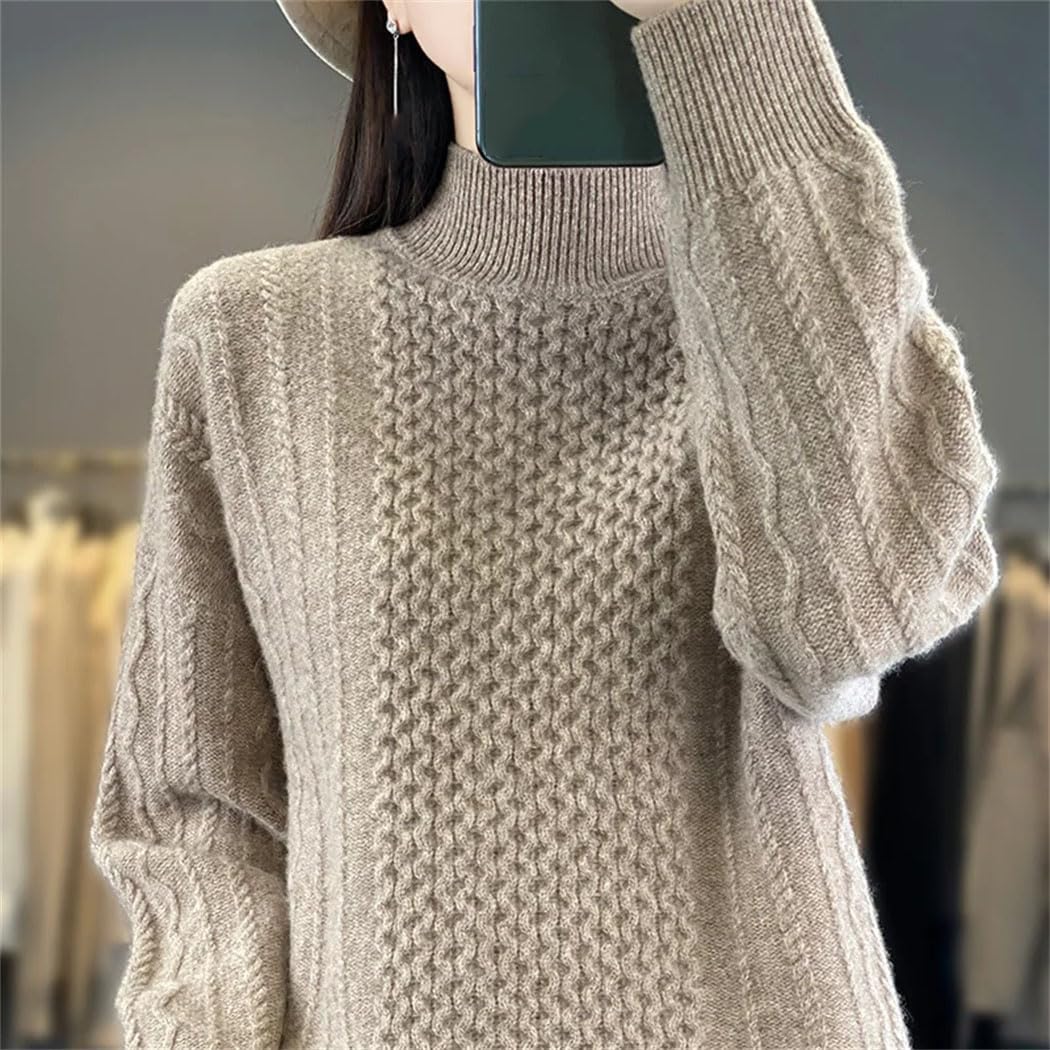 Women Solid Elegant Pullover Sweater Long Sleeve Turtleneck Cable Knitted Sweaters Office Casual Thermal Tops