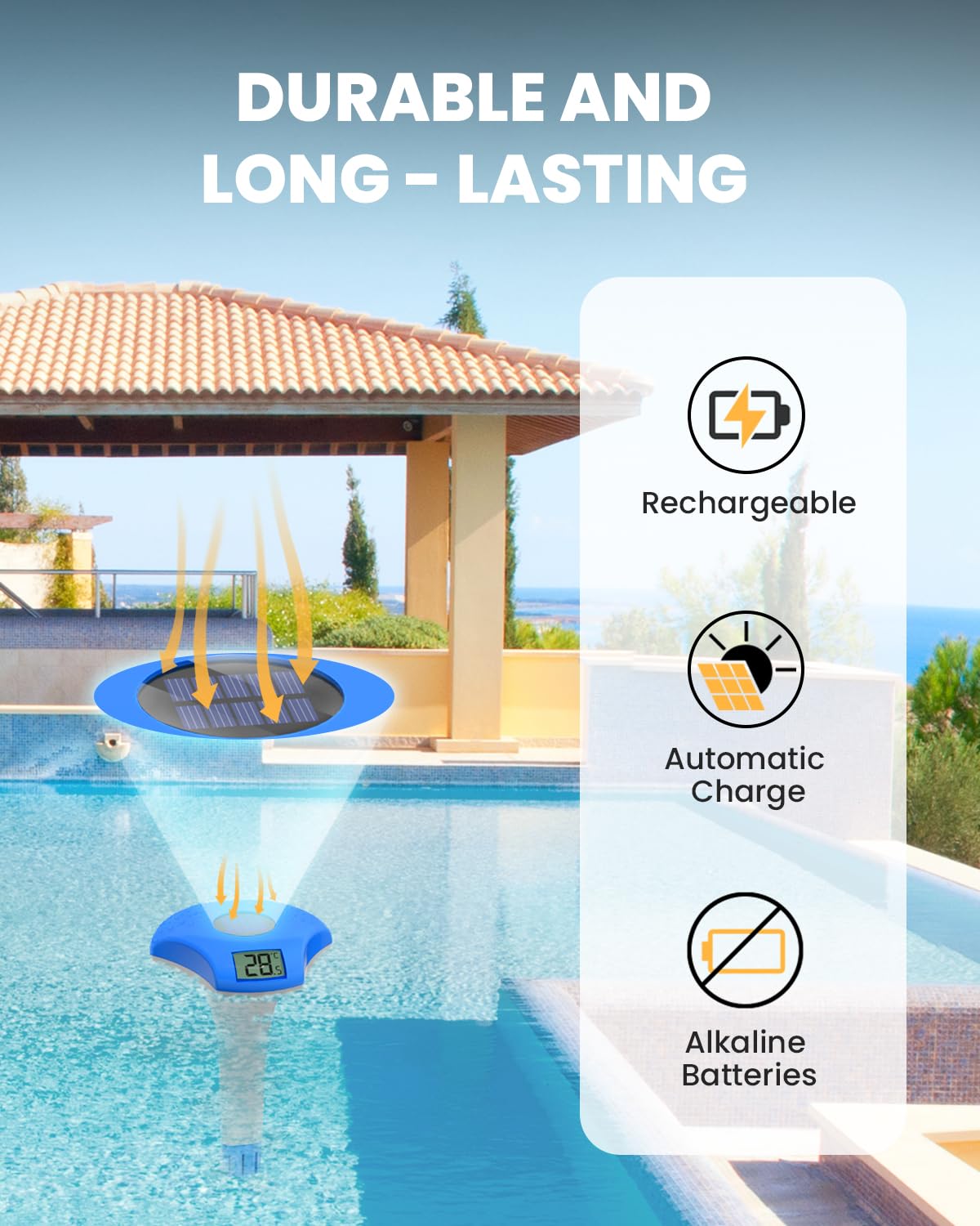 BALDR Pool-Thermometer Schwimmend, IPX8 Wasserdicht, Solarbetriebenes Pool-Thermometer, Geeignet für Schwimmbad/Whirlpool/Warmwasserquelle/Aquarium(Tiefblau)