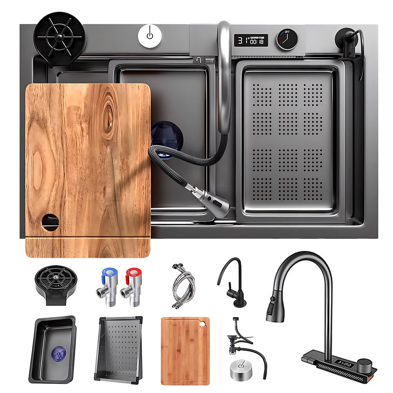 ZQFHSX Stainless Steel Waterfall Kitchen Sink With Pull Out Faucet, Cup Washer, Drain Basin & Kits, Large Single Bowl Workstation Sink, RV Bar For Drop In(75x46x22cm)