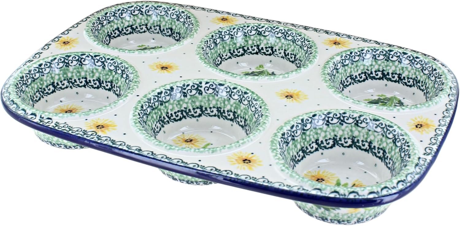 Blue Rose Polish Pottery - Blue Celeste Muffin Pan - 11.5" x 8" - Ceramic Baking Dish, 6-Cup Muffin & Cupcake Pan