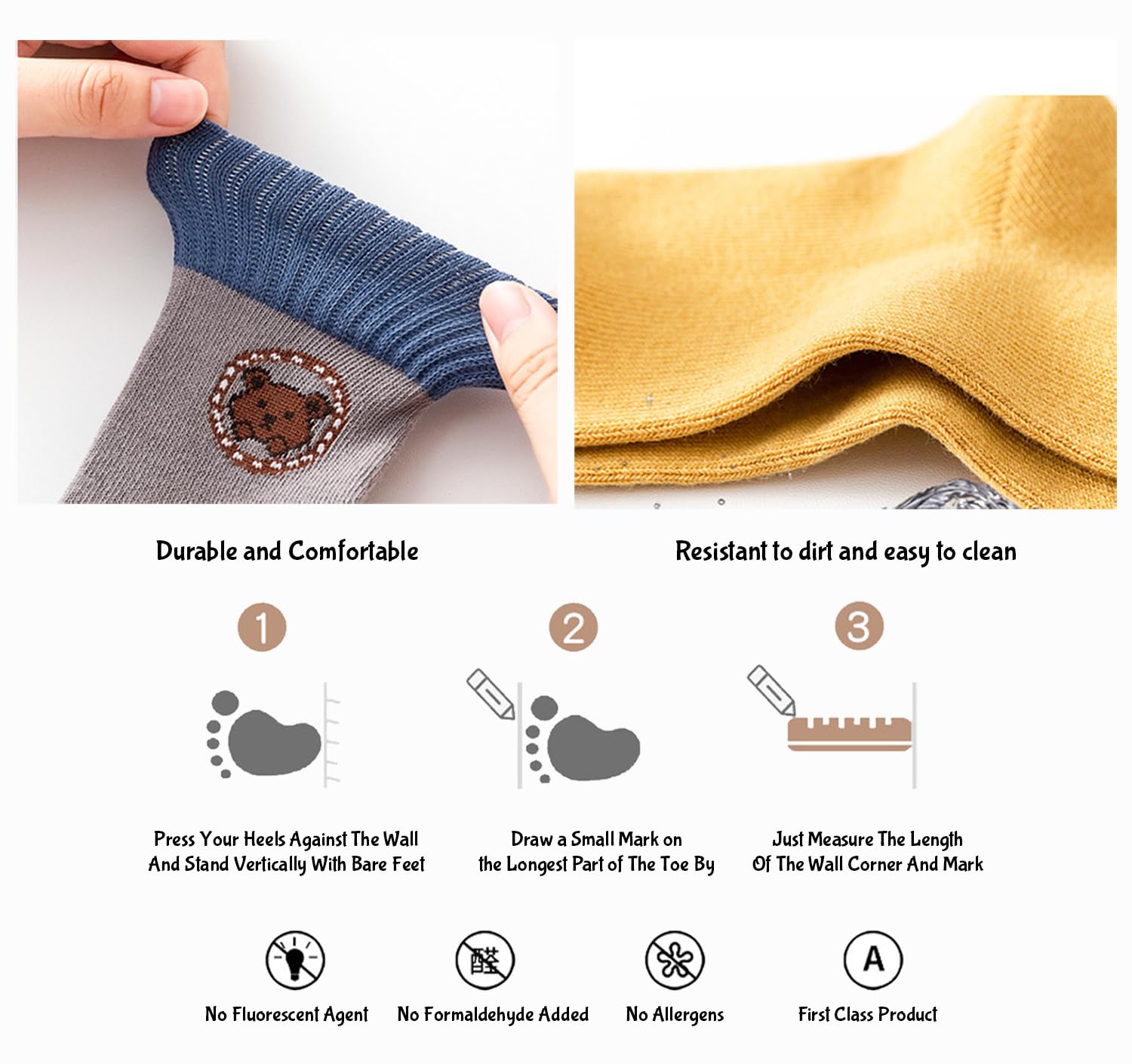 SYGA 5 Pairs Baby Socks, Toddlers Infant Cotton Stretch Crew Socks with Brown Bear Design, Suitable for 0-2 Years baby 1