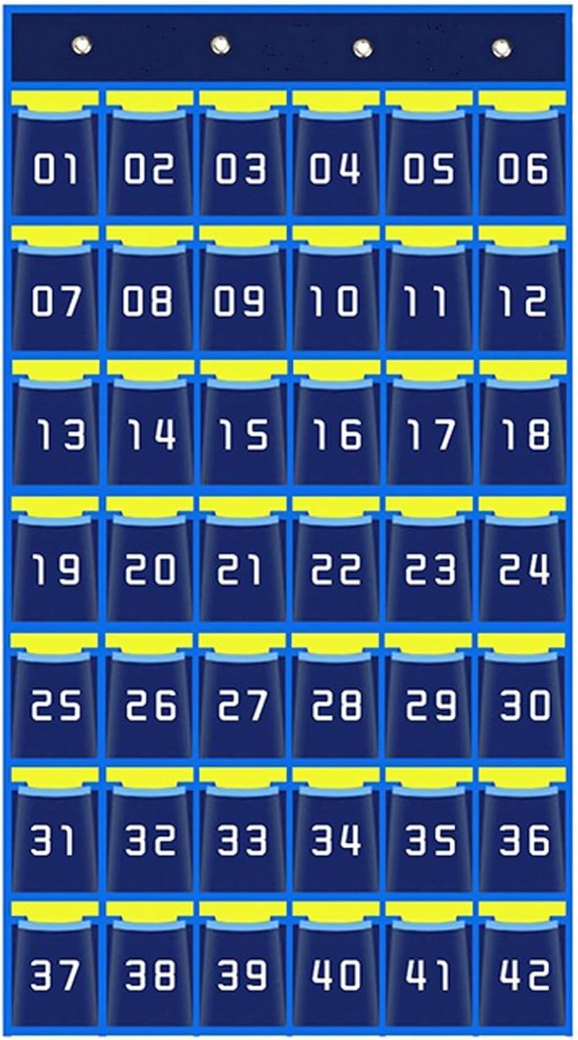 Classroom Pocket Chart - Over The Door Hanging Organizer with Numbered Pockets for Cell Phone & Calculator Storage, Teacher Supplies for Classroom Management (Middle/High School) 42 Blue