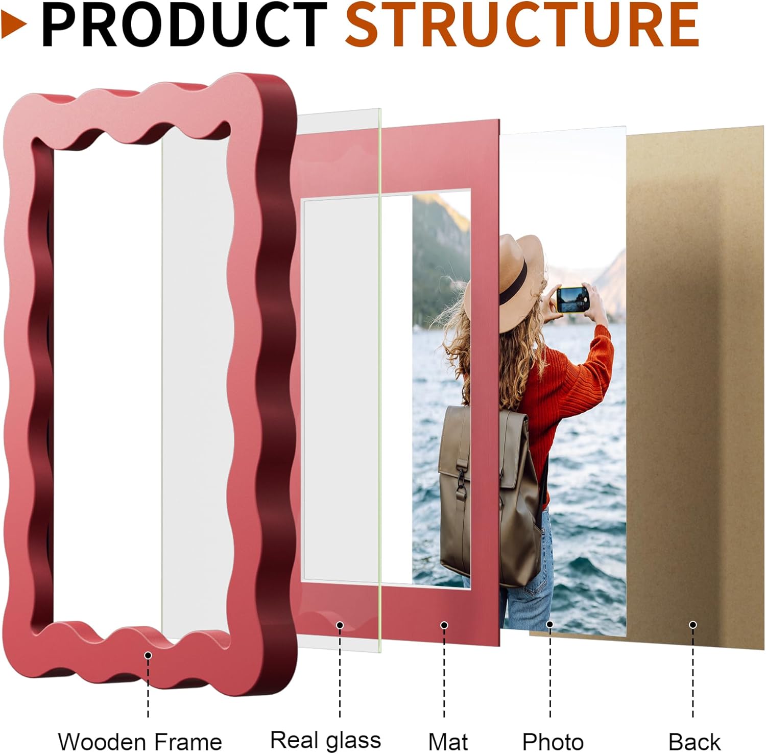 4x6 Wavy Picture Frame With Mat For 3.5x5, Wavy Edge Wooden Picture Frame with Real Glass - Wall Mount and Tabletop Display, Red, 2 Pack