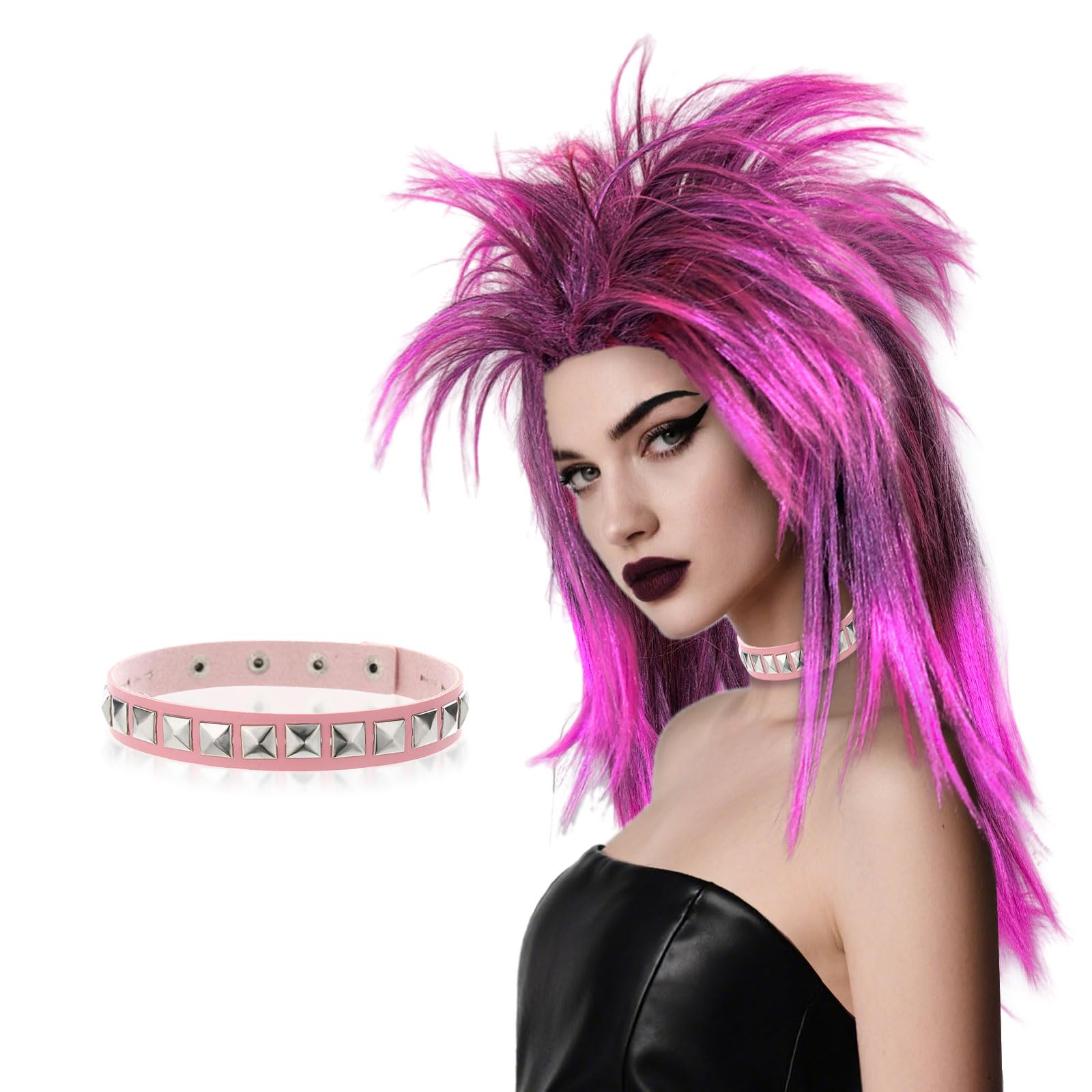 SAIIURV Hot Pink Punk Wig Set for Adult Long Straight 70s 80s Mullet Rocker Wig With Pink Choker for Men Women Rock Star Hippie Costume Accessories for Fancy Dress Party Festival (Pink)