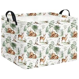 HIYAGON Rectangular Storage Basket Collapse Canvas Fabric Cartoon Bin Organizer Box with Handles for Organizing Home Kitchen Room Decor(Woodland Animal)