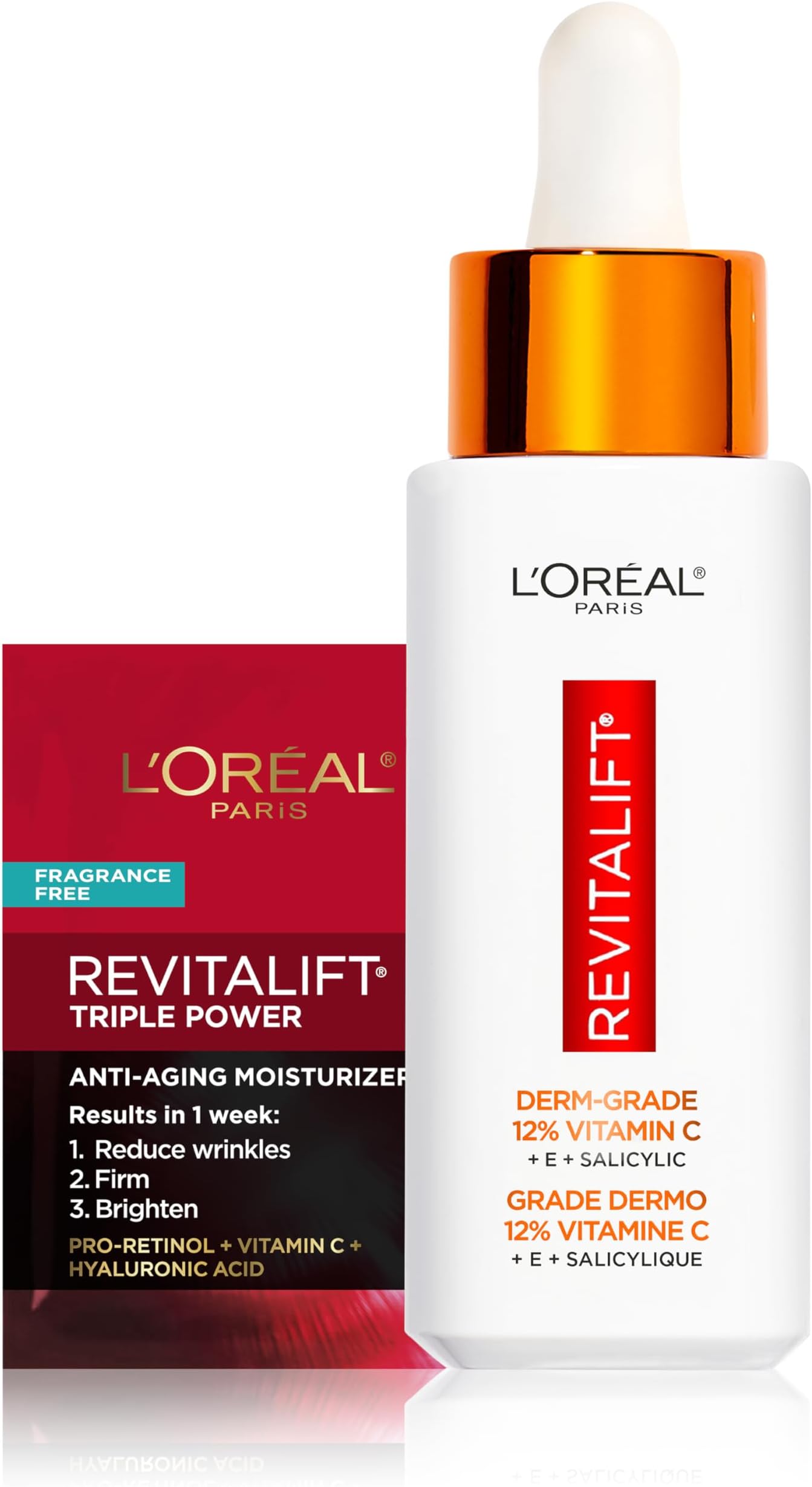 L'Oreal Paris Revitalift 12% Pure Vitamin C Serum, Vitamin E, Salicylic Acid, Moisturising, Smoothing & Brightening, Non Greasy + Moisturiser Sample