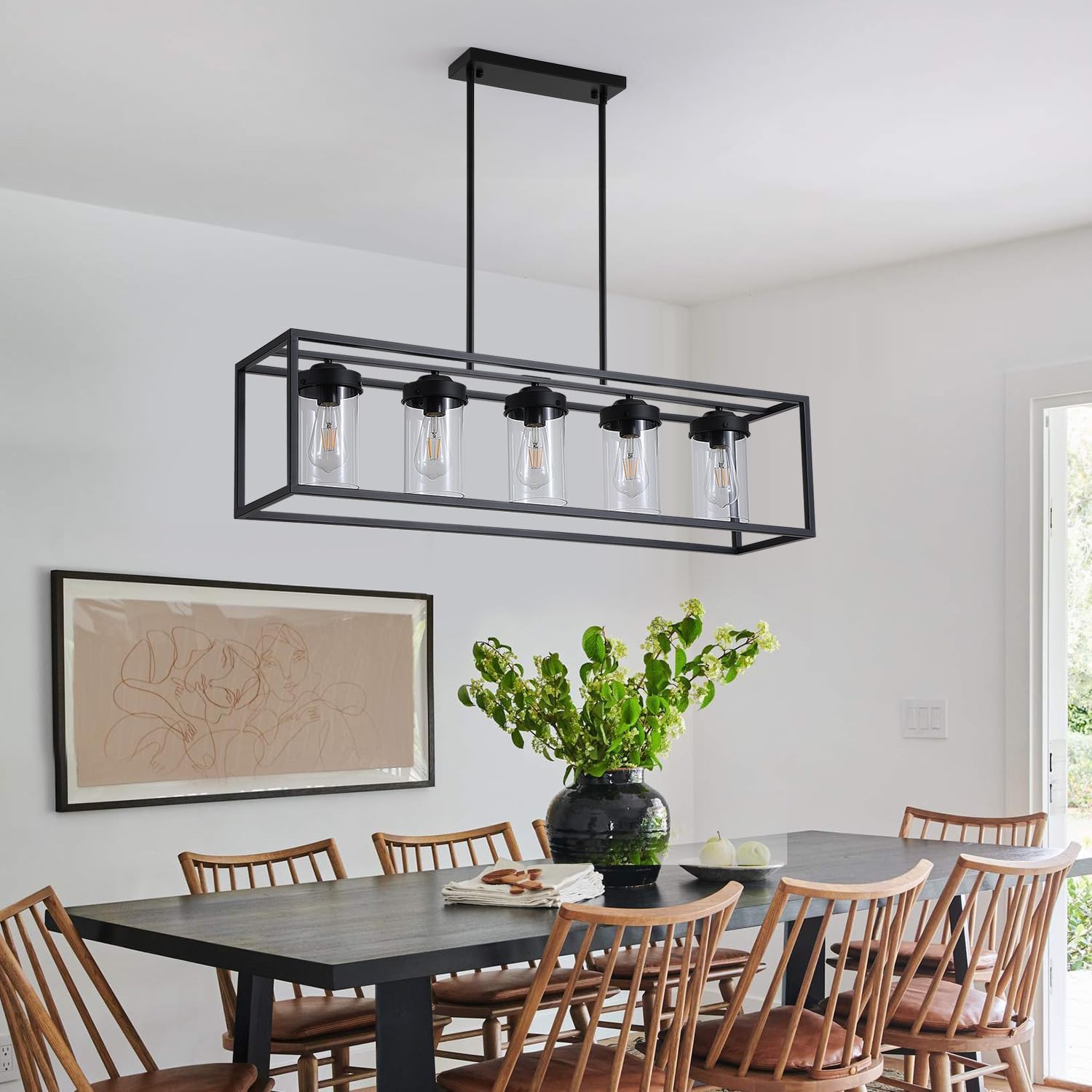 Black Farmhouse Dining Room Chandelier, Rectangular Clear Glass Pendant Light, Modern Industrial Hanging Light Fixture for Kitchen Island
