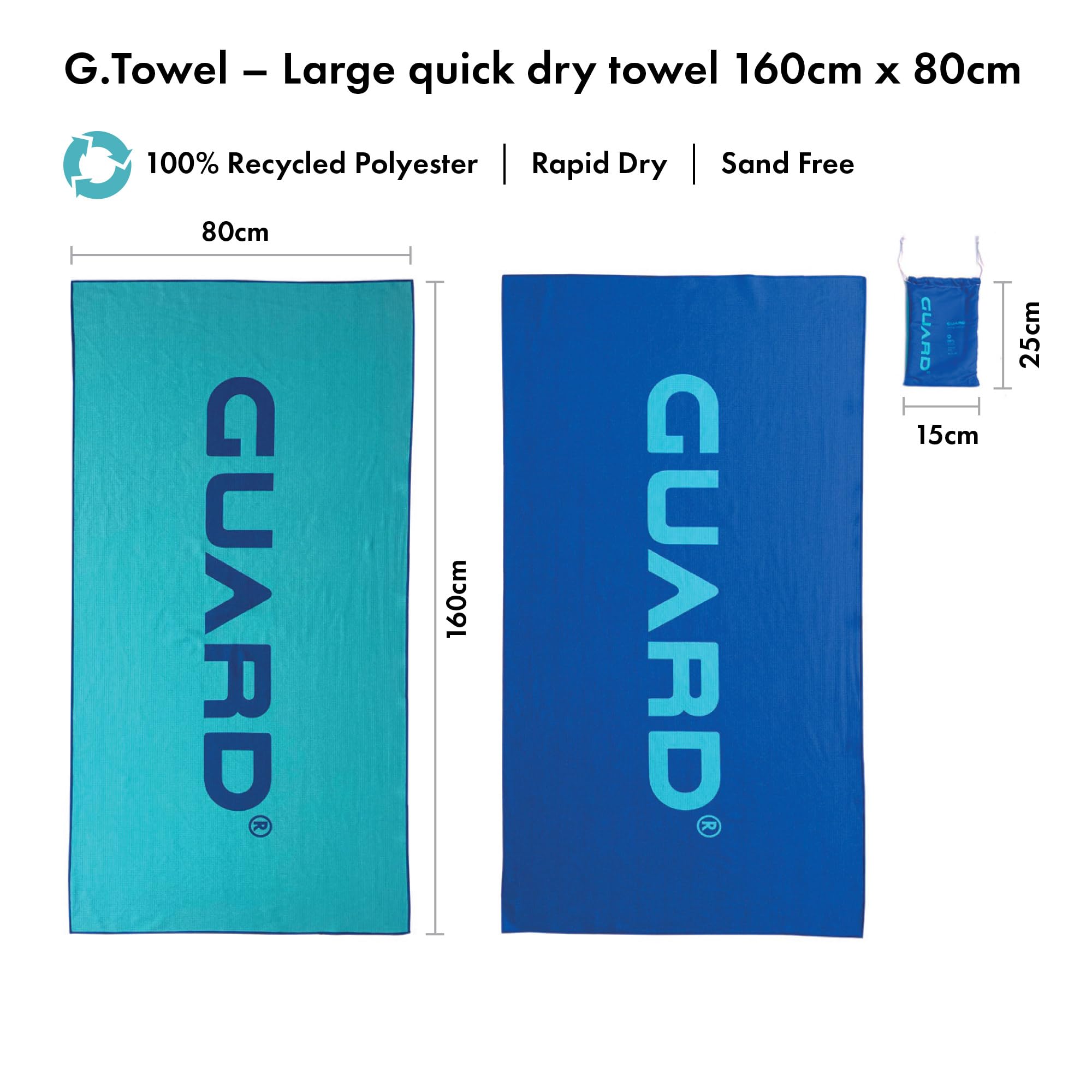 GUARD® G.TOWEL Telo mare grande in microfibra senza sabbia – 100% poliestere riciclato, ad asciugatura rapida, super assorbente, leggero asciugamano da viaggio per surf, nuoto, spiaggia, palestra