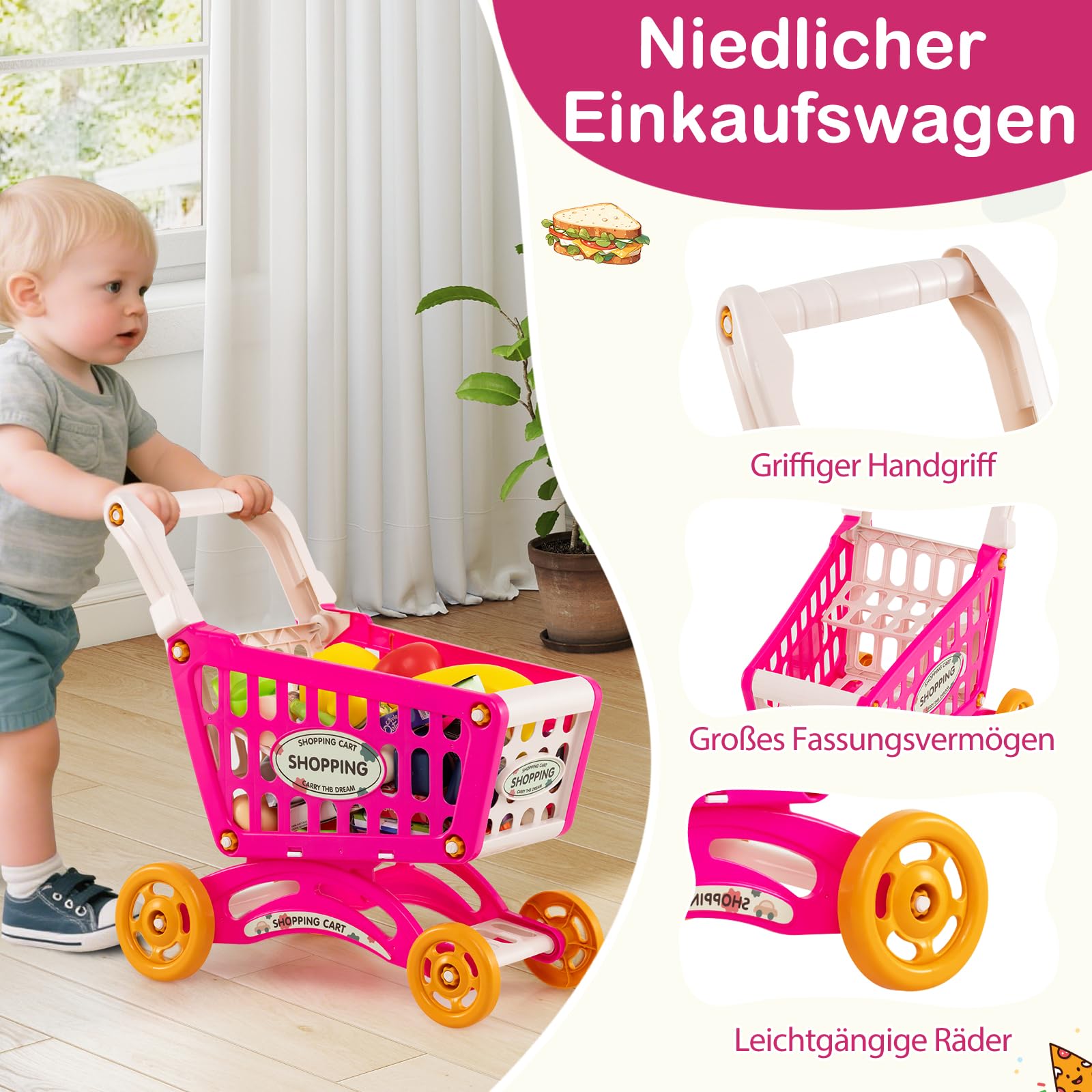 COSTWAY Kaufladen mit Einkaufswagen, Kinder Kaufmannsladen mit Waage, Regalen, Scanner mit Licht & Sound, Supermarkt inkl. Spiel-Lebensmittel & Zubehör, Einkaufsladen für Kinder ab 3 Jahren (Rosa)