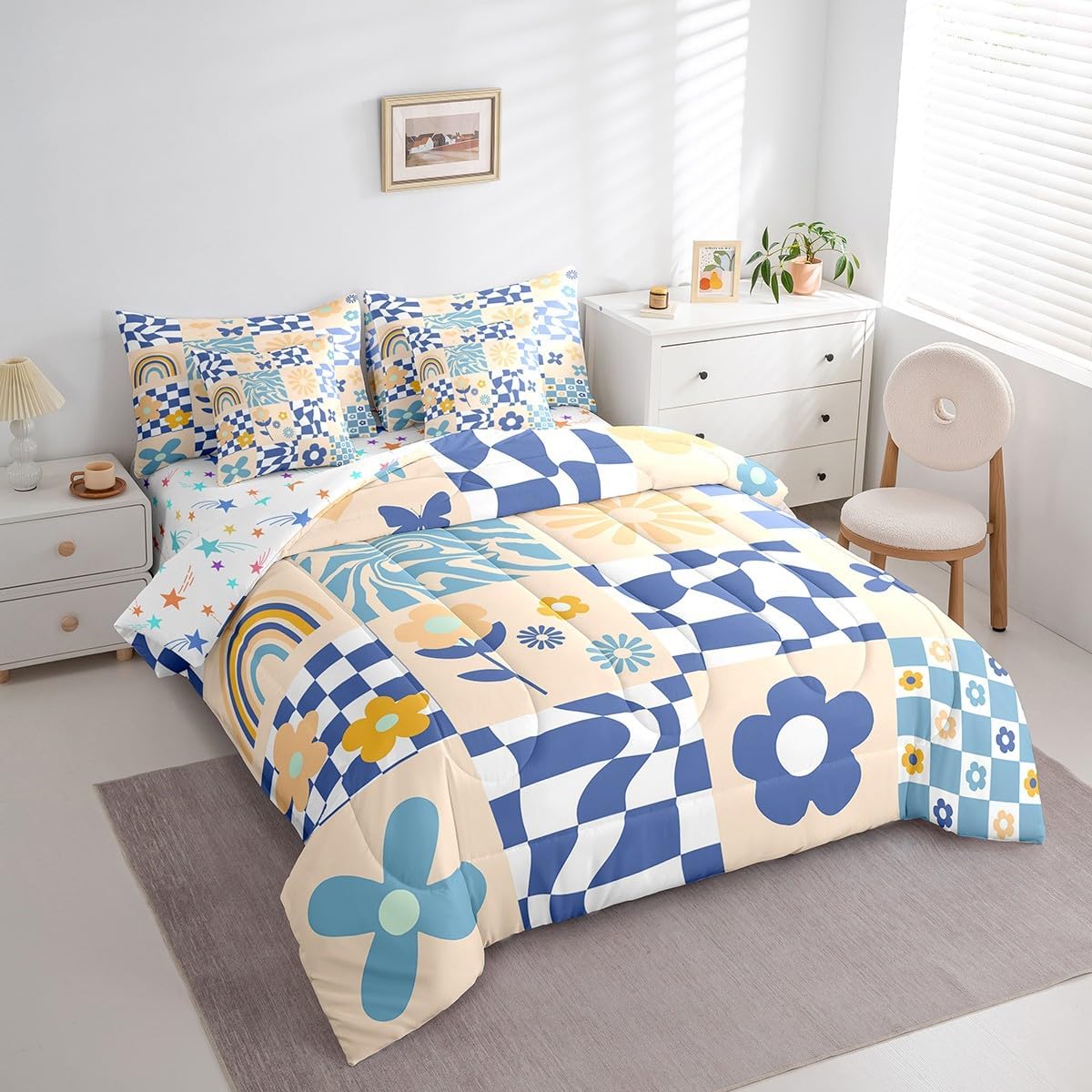 Feelyou Retro Hippie Flower Bedding Set Full 60S 70S Groovy Floral Comforter Set 7 Pieces Geometric Vintage Abstract Botanical Bed in a Bag Blue Plaid Bed Set with Comforter, Sheet Set, Pillowcases