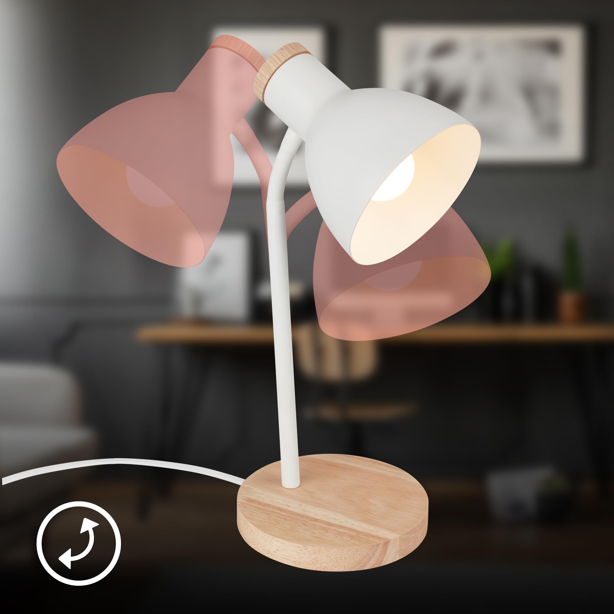 BRILONER - Nachttischlampe mit Kabelschalter, schwenkbar, E14, max. 10W, Tischlampe, Lampe, Schreibtischlampe, Tischleuchte, Bürolampe, Leselampe Bett, Leselicht, 14x38 cm, Weiß-Holz