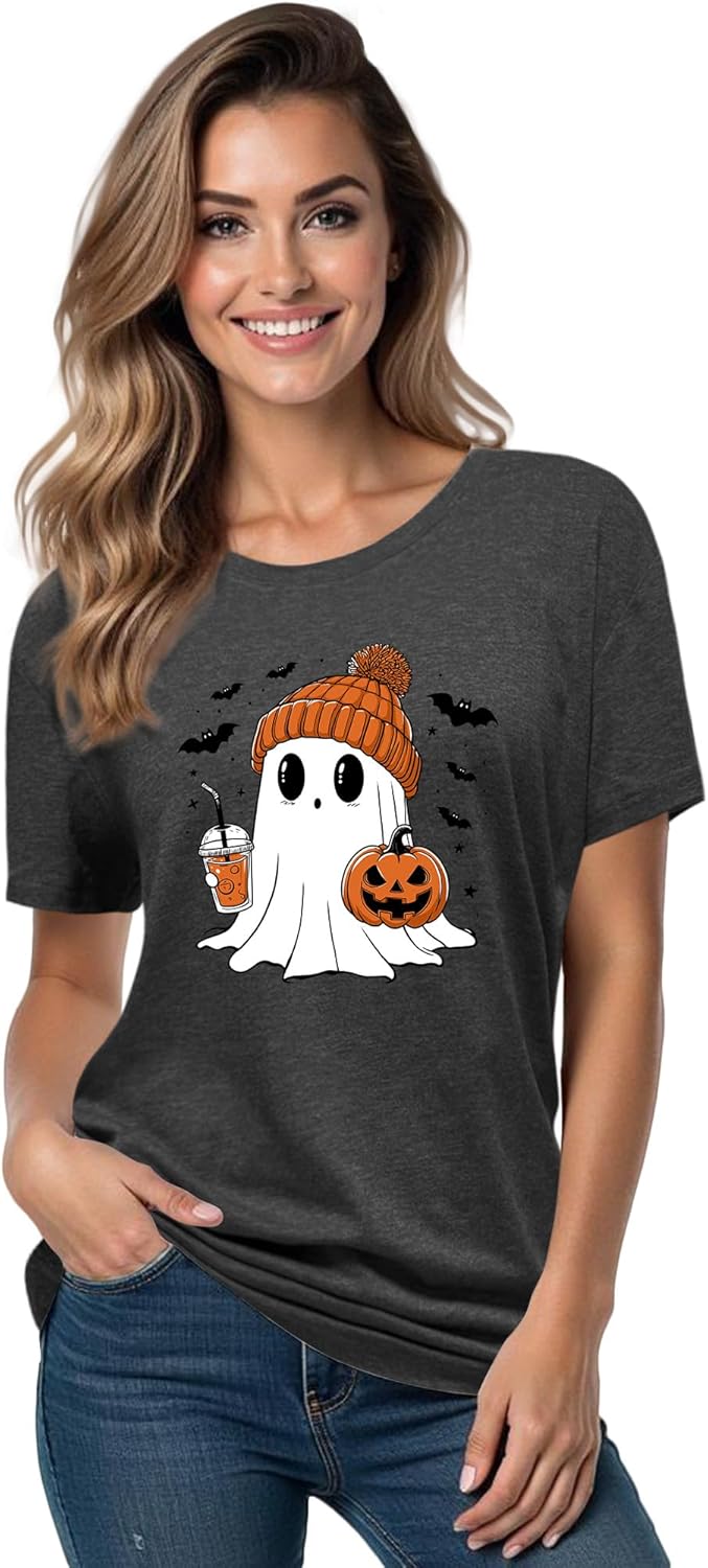 Halloween Shirts for Women: Pumpkin Ghost Print Funny Crewneck Short Sleeve Top for Costumes Autumn Party Graphic T-Shirt - Image 2