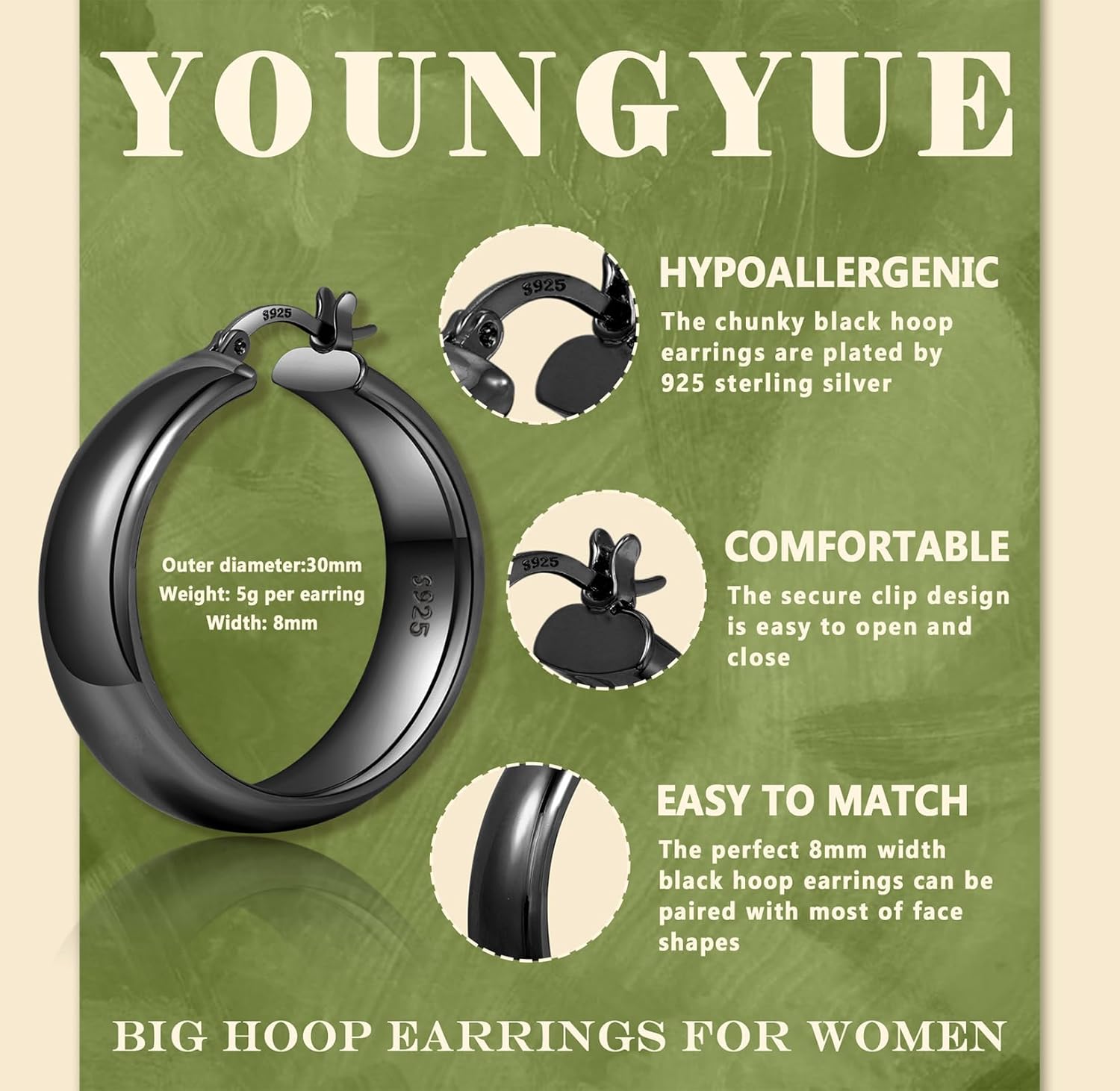 YOUNGYUE 8mm Wide Chunky Gold Hoops 14K Real Gold Plated Hypoallergenic 925 Sterling Silver Hoops Lightweight Big Gold Hoop Earrings for Women 30/40/50/60mm - Image 2