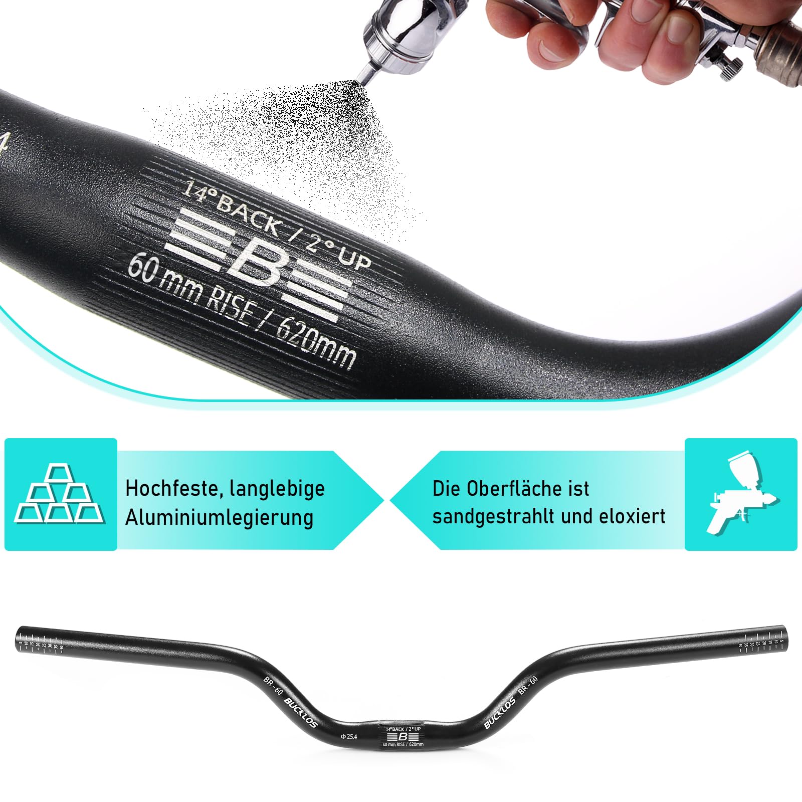 Manubrio per mountain bike 25,4 mm - 20/40/60/80/100 mm Rise MTB manubrio in lega di alluminio - 720/620 mm extra lungo per bici elettriche, biciclette pieghevoli e gare in discesa