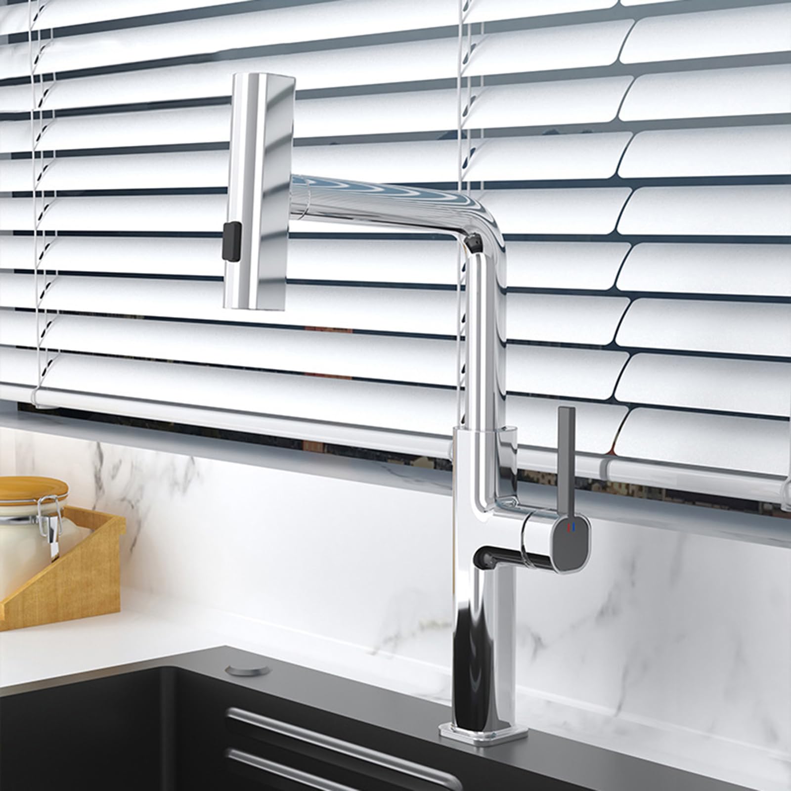 Robinets d'évier de cuisine cascade chrome avec tuyau extractible et mitigeur eau chaude froide