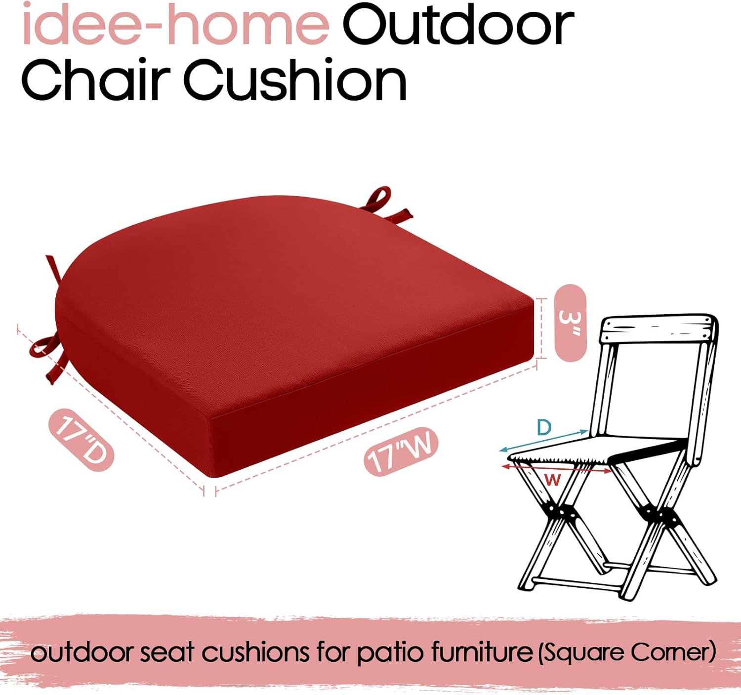 idee-home Outdoor Chair Cushions Set of 2, Thick 17" x 17" x 3" Outdoor Seat Cushion Patio Furniture Waterproof with Ties, Patio Chair Pads Dining Red