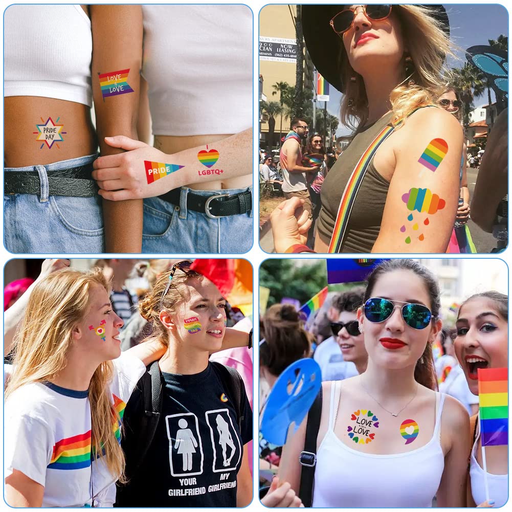 AOMIG 70+ stylów tatuaży z dumą, 10 dużych arkuszy tymczasowych tatuaży Gay Pride, wodoodporne naklejki z tatuażami LGBT Rainbow Flag na festiwale Pride dekoracje świąteczne