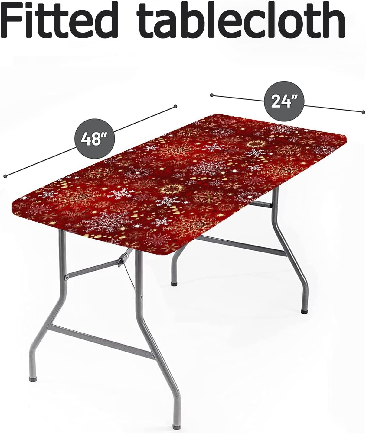 Rectangle Elastic Edge Fitted Tablecloth, 4 ft-(24" x 48"), Christmas Colorful Snowflakes Wipe Clean Table Cloth, for Outdoor Patio and Indoor Kitchen Dining Party